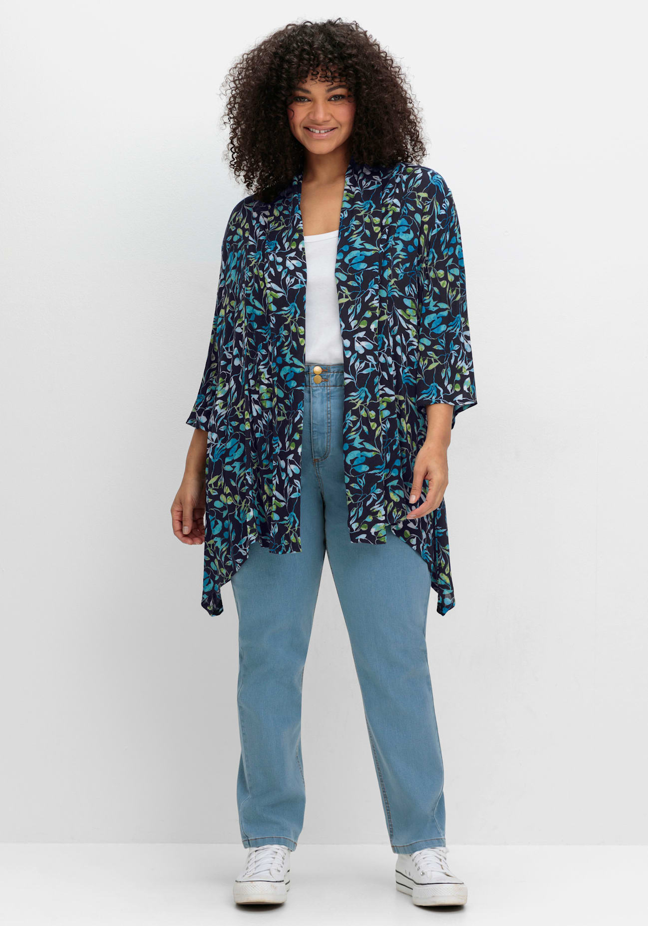 Longbluse SHEEGO, Damen, Gr. 58, blau (tiefblau, bedruckt), 100% Viskose, bedruckt, geblümt, gemustert, mehrfarbig, Blusen Image