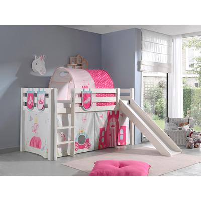 Hochbett VIPACK "Pino, Spielbett massiv Kiefer, stabil gebaut, 3 Korpusfarben zur Wahl", weiß (weiß lackiert, prinzessin), B:218cm H:214cm L:210cm, Hochbetten, Textil-Set "Princess", inkl. Vorhang, mit oder ohne Tunnel Image
