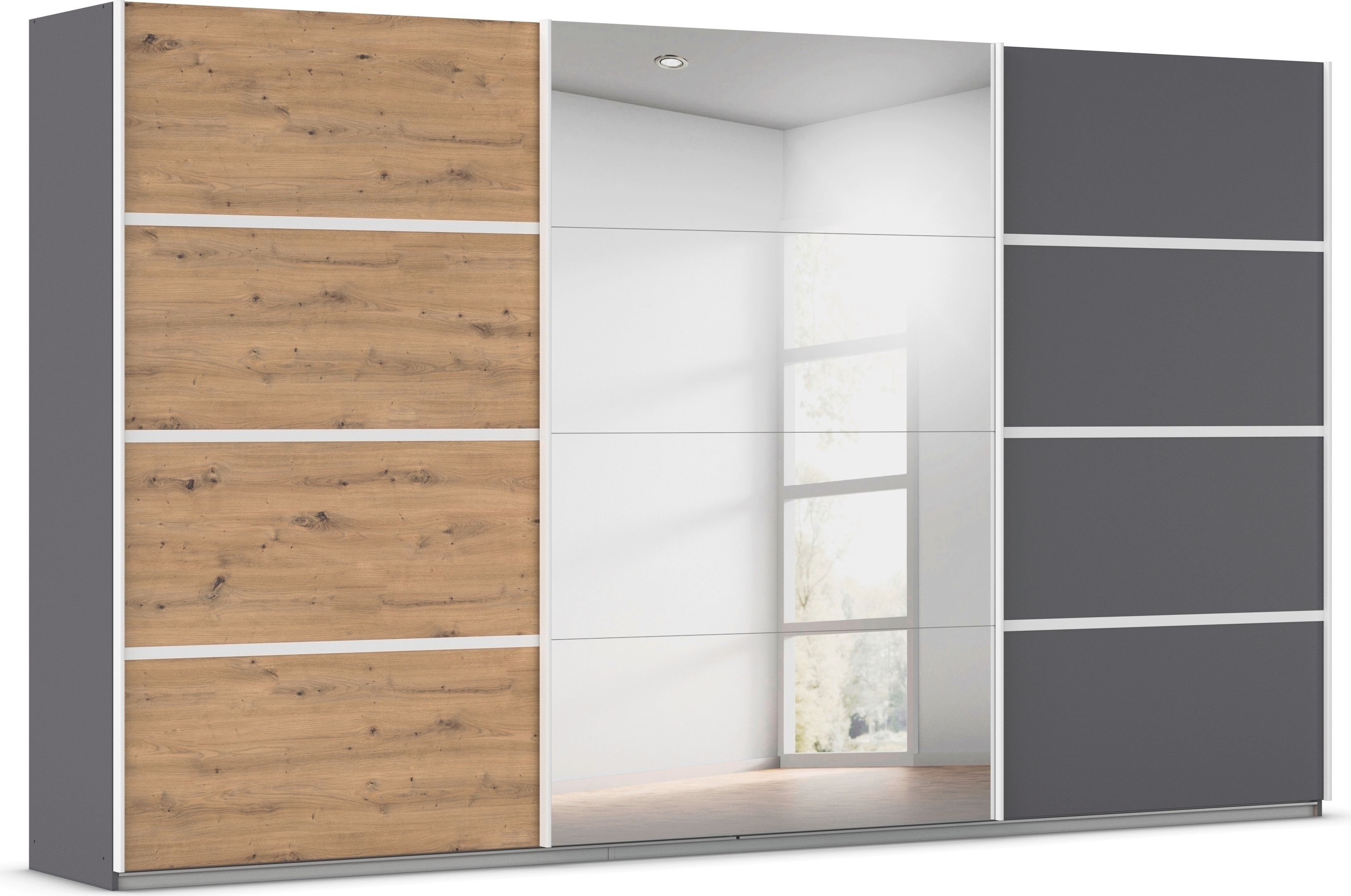 Kleiderschrank RAUCH "Schwebetürenschrank OTTO´s Choice Garderobe Schrank TOP ANGEBOT Avola", graumetallic, eiche artisan, leisten weiß, B:360cm H:229cm T:62cm, Holzwerkstoff, Schränke, mit eleganten Zierleisten in Chrom, Schwarz oder Weiß MADE IN... Image