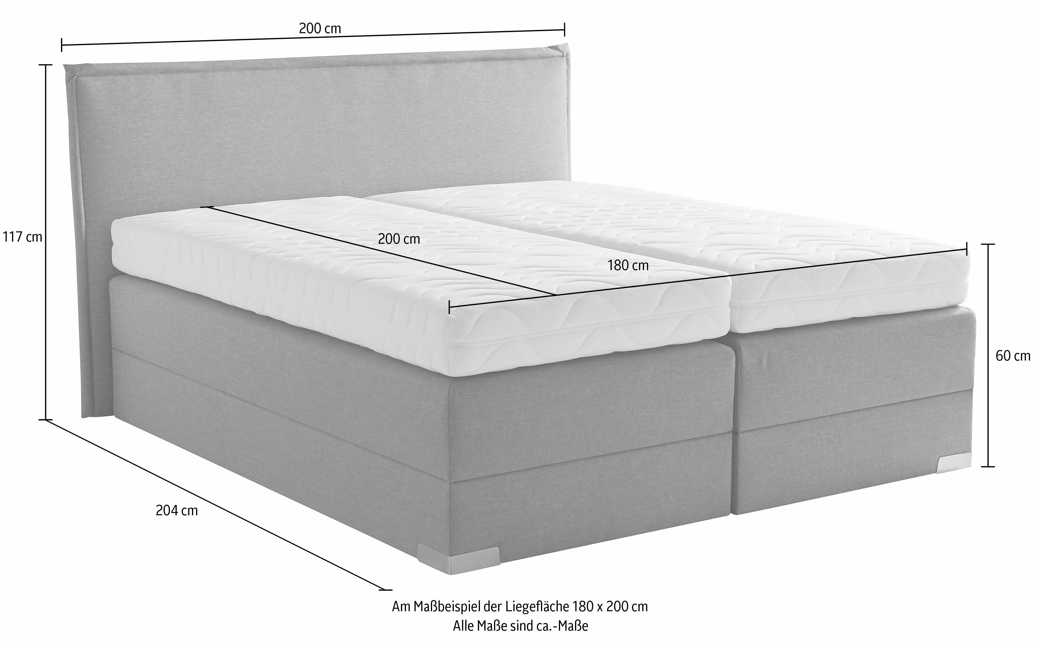 Boxspringbett, grau, Liegefläche B/L: 180cm x 200cm, H3, Bonnell-Federkernmatratze, Bettrahmen und seitliche Einfassung Unterbox und Obermatratze: Fein-Strukturstoff (77% Polyester, 23% Viskose).;Spiegelfläche der Matratzen: 100% Polyester,... Image