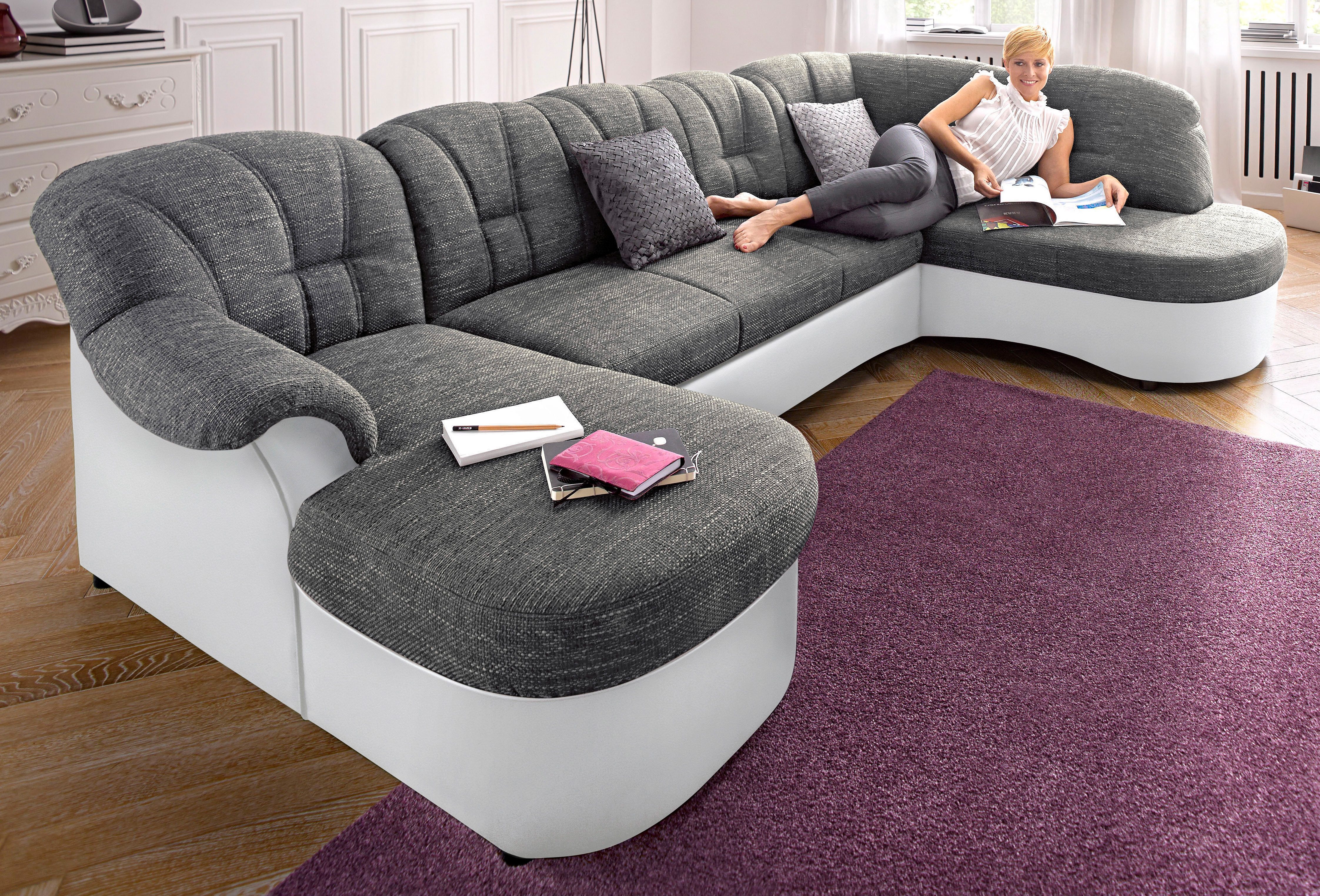 Wohnlandschaft DOMO COLLECTION "Flores auch in Leder-Bezug, B/T/H: 293/180/86 cm, U-Form", weiß (weiß, weiß, grau), B:293cm H:84cm T:182cm, NaturLEDER (echtes Rindsleder) in Sitz und Rücken. Korpus in passendem Kunstleder SOFTLUX bezogen;Microfaser...