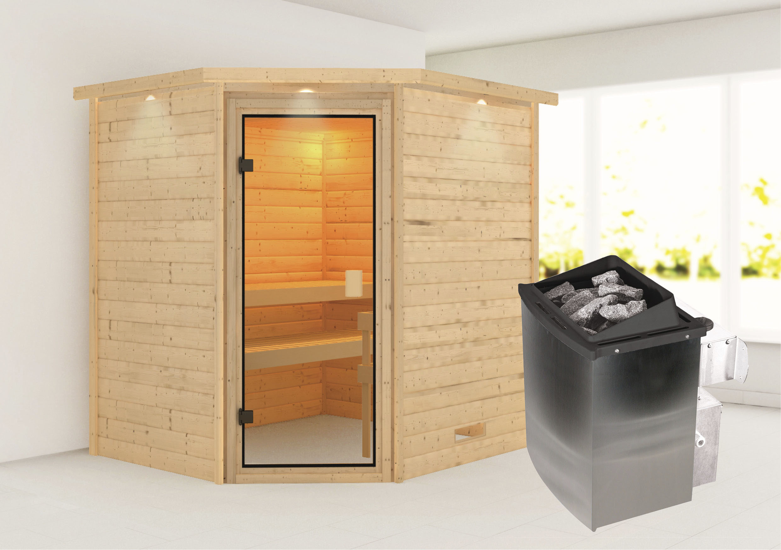 Sauna KARIBU "Mia (Fronteinstieg)", beige (naturbelassen), (ohne Ofen), Saunen, inklusive Ofenschutzgitter und Tür Image