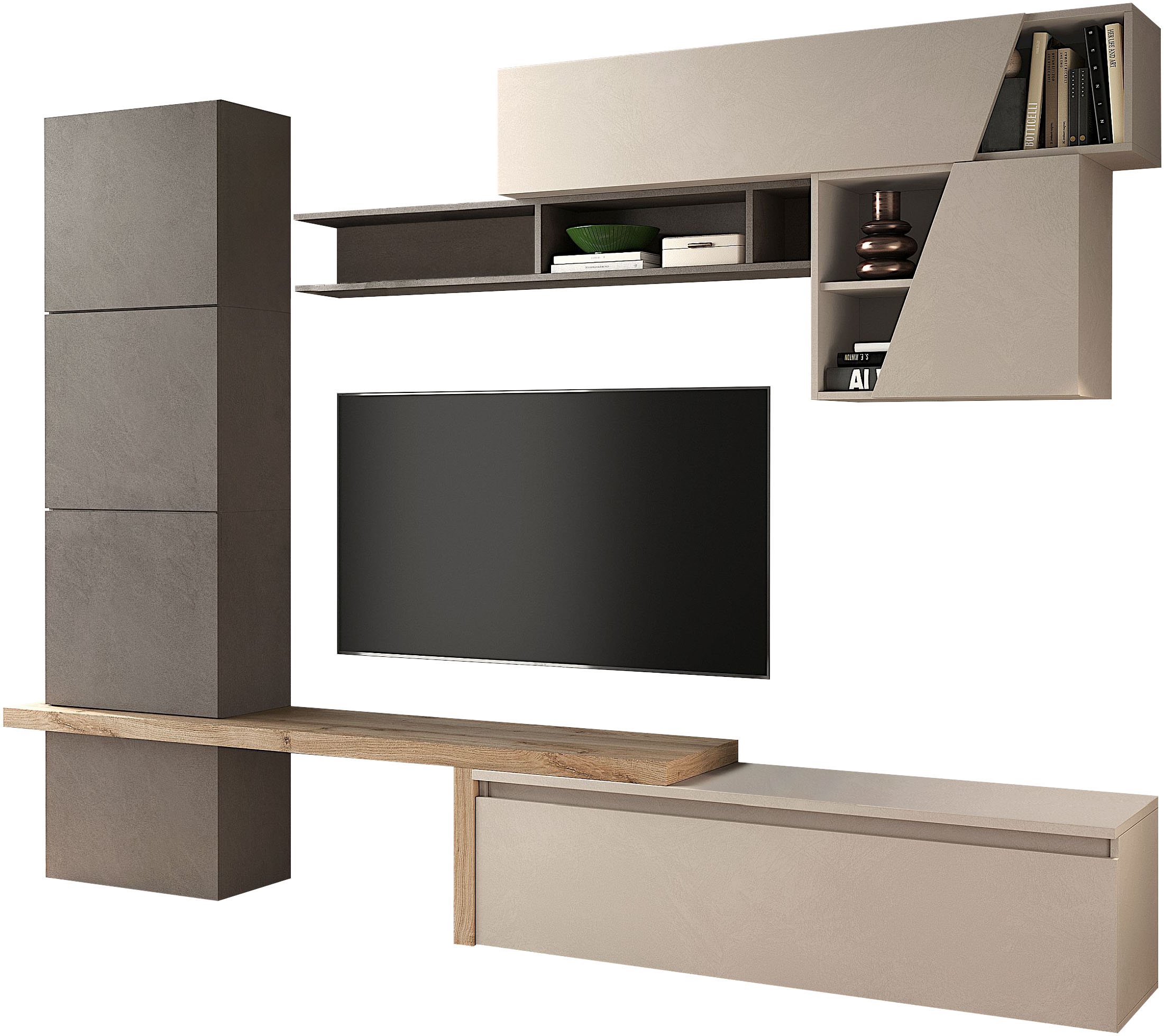 Wohnwand INOSIGN "Infinity, 9tlg. Breite 280 cm, moderne Mediawand", bronzo, cashmere, eiche cadiz nb, B:280cm H:202cm T:40cm, Kastenmöbel-Sets, Wohnwand, T-Boden, 4x Hängewürfel, Würfel-Element, Wandregal, Hängeschrank)