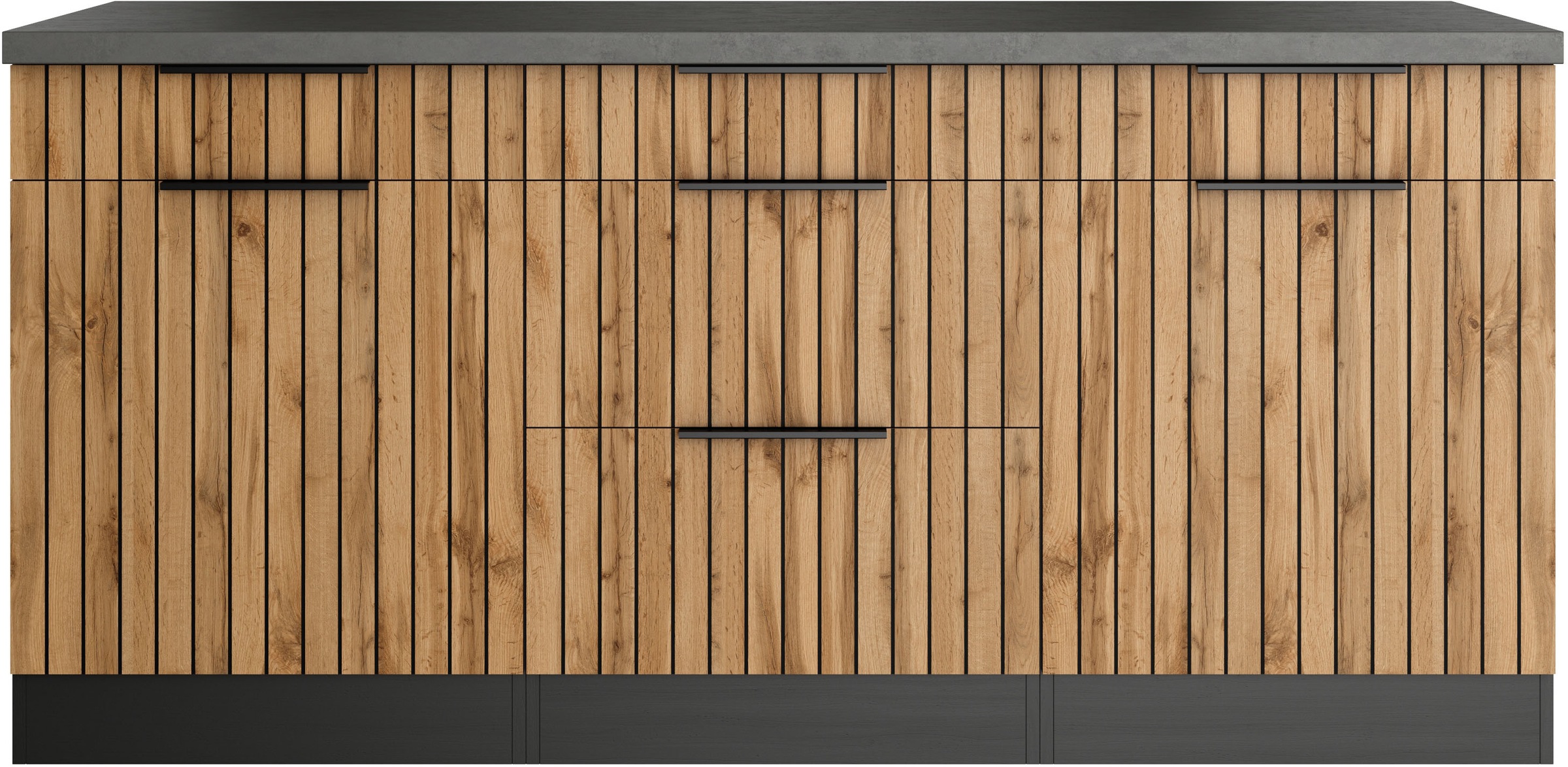 Unterschrank KOCHSTATION "KS-Lagos", grau (listrado eiche, grafitgrau), B:180cm H:86cm T:60cm, Holzwerkstoff, Schränke, Breite 180 cm, 2 Türen, 2 Auszüge, 3 Schubkästen Image