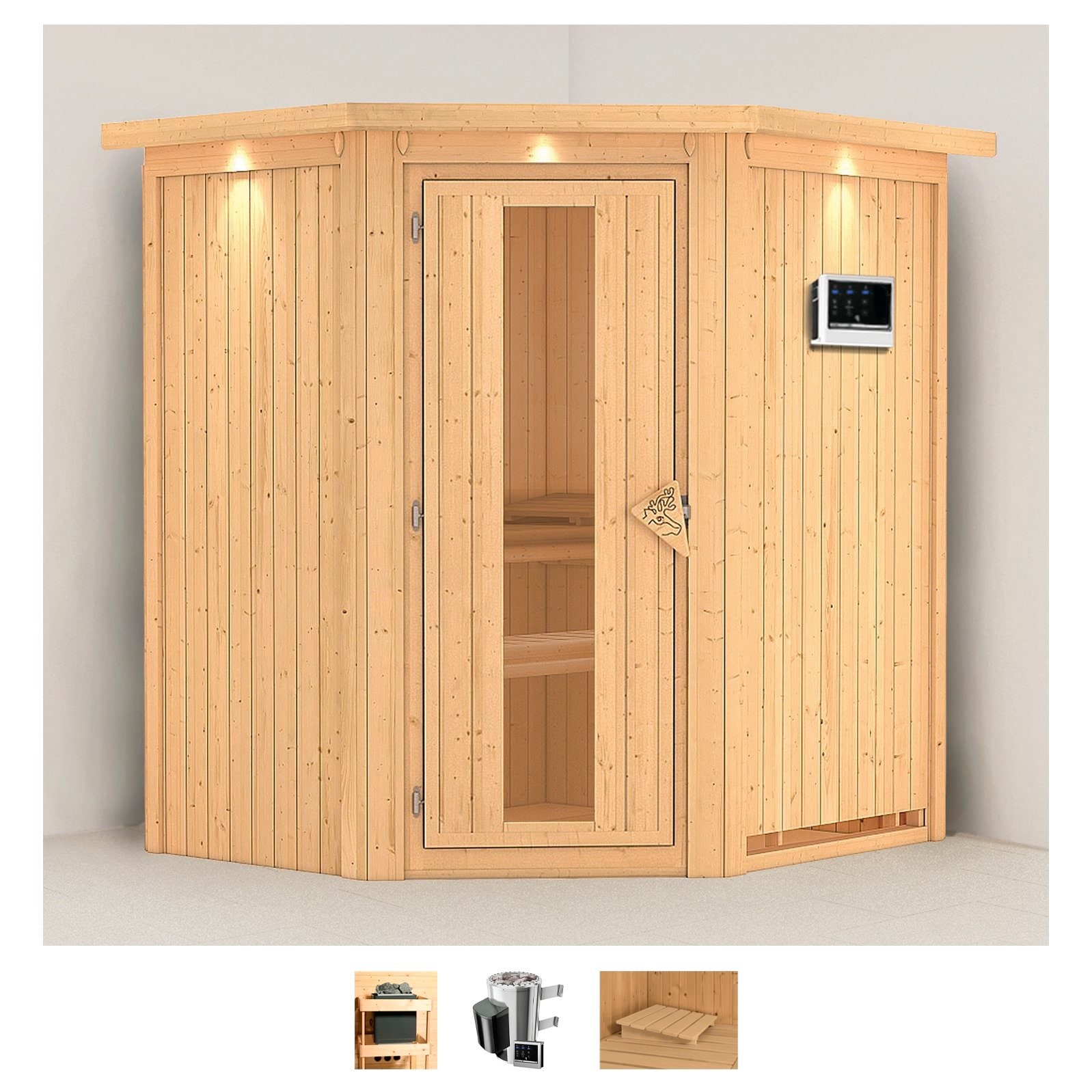 Sauna KARIBU "Tomke", beige (naturbelassen), Saunaofen, externe Steuerung, 3,6 kW, Saunen, Ofen 3,6 kW externe Strg.easy