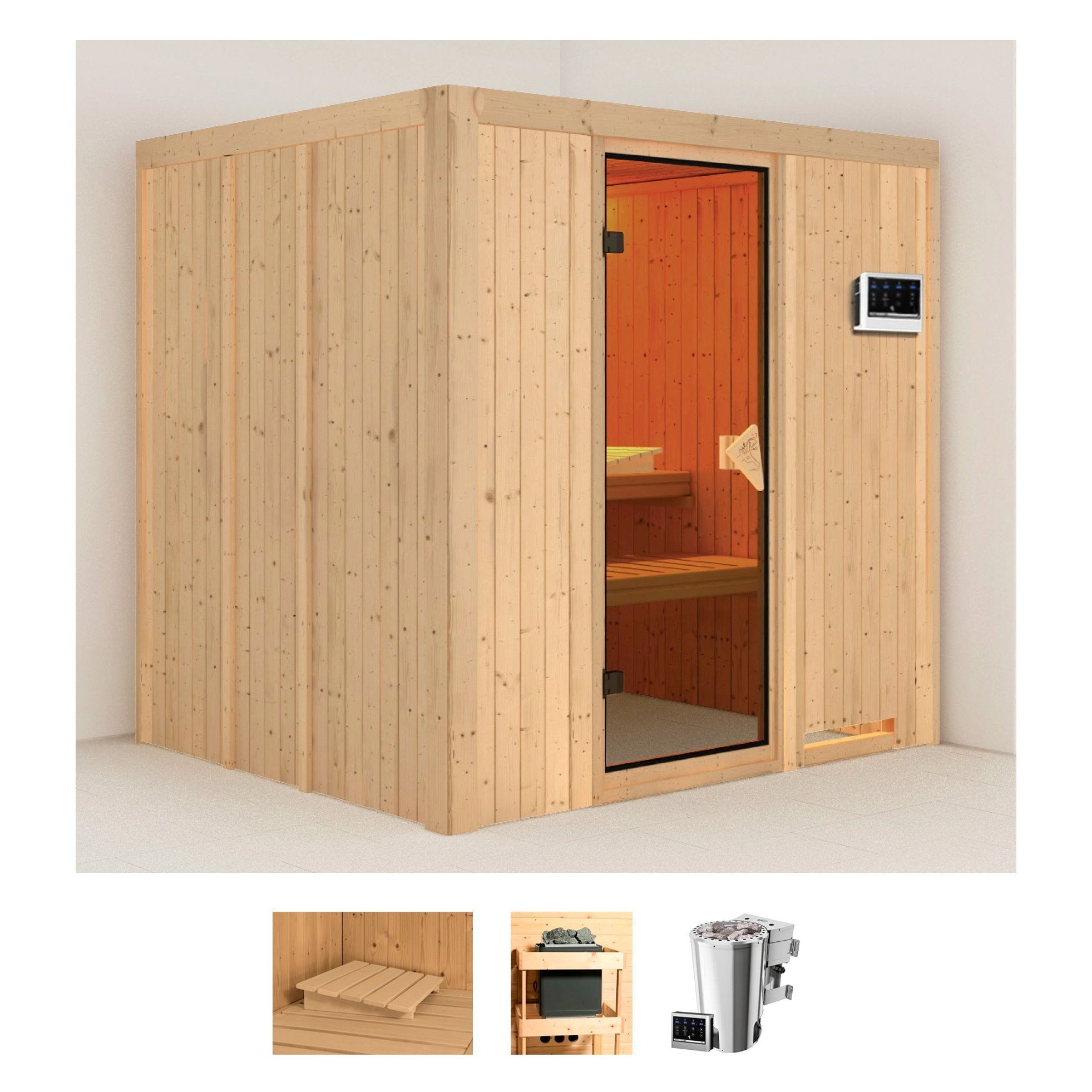 Sauna KARIBU "Dima", beige (naturbelassen), Bio-Kombiofen, externe Steuerung, 3,6 kW, Saunen, Ofen 3,6 kW Bio-Ofen externe Strg. easy
