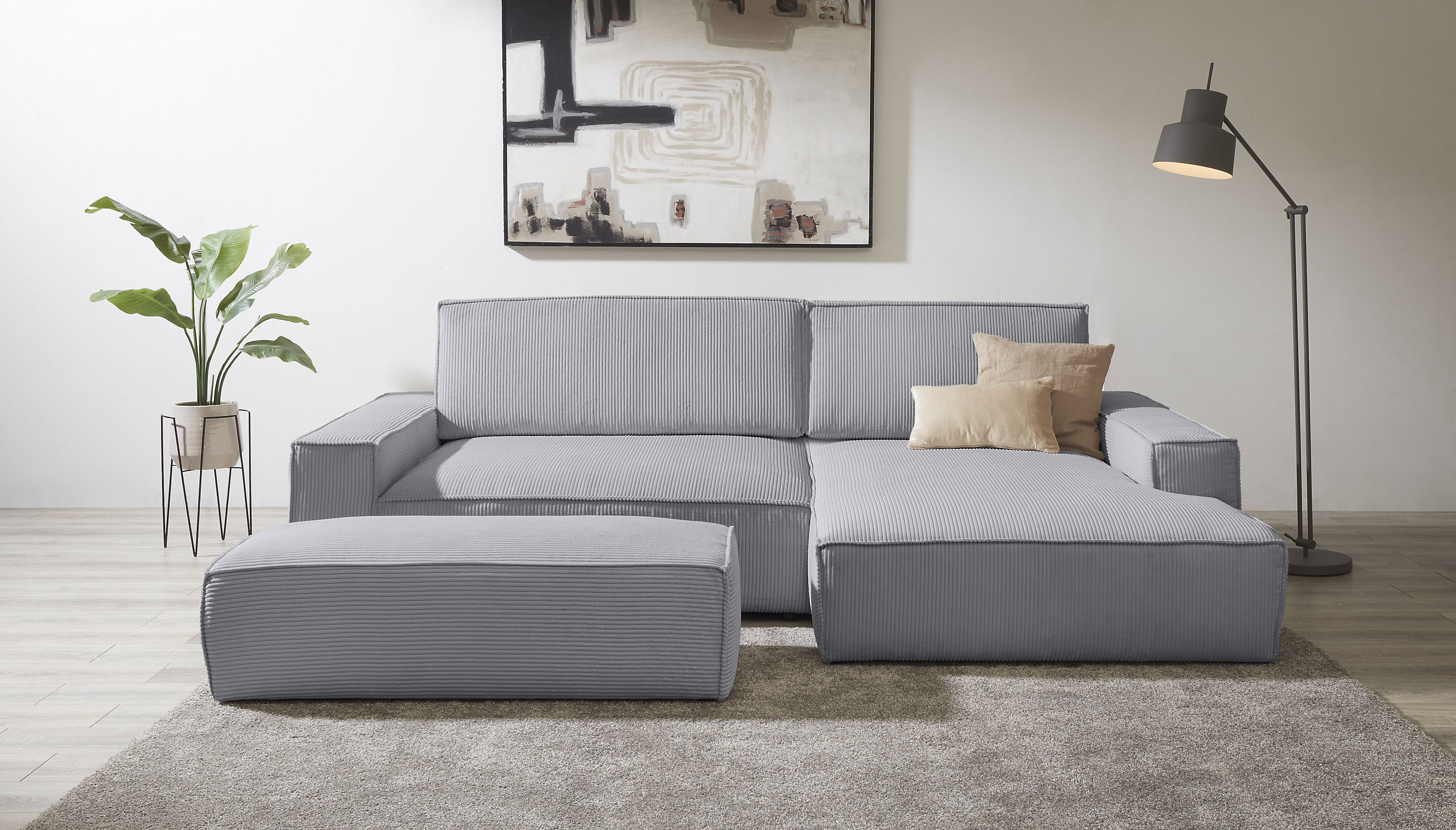 Polsterecke HOME AFFAIRE "SHERWOOD XXL tief, L-Form, Schlaffunktion, Bigsofa, Cord, Leinenoptik", grau (hellgrau), B:284cm H:90cm T:135cm, 100% Polyester, Sofas, stellbar zum Schlafsofa (Krokodilverbinder), Cord, Leinenoptik