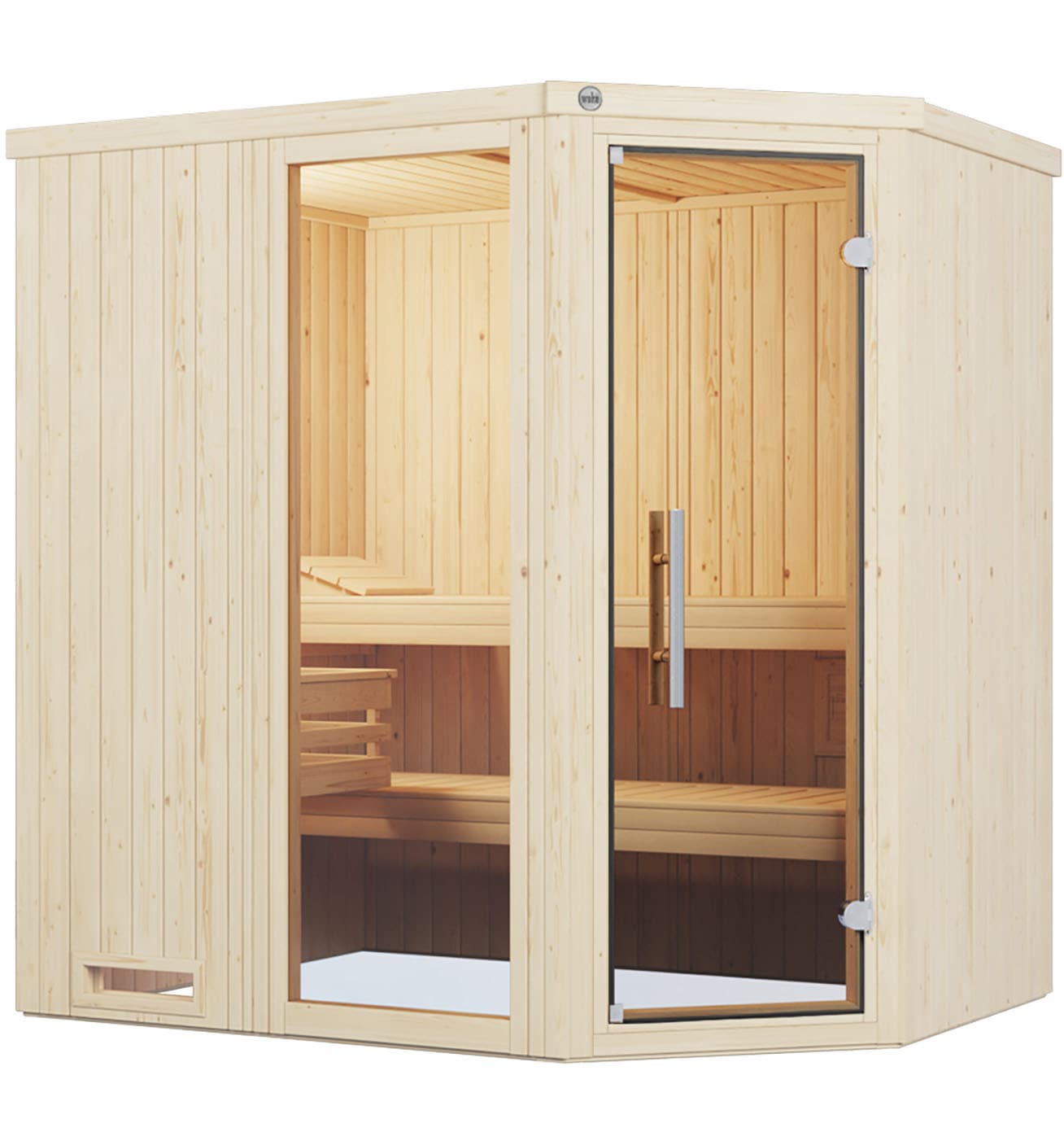 Sauna WEKA "Element-Ecksauna VARBERG 1", weiß, Saunaofen, integrierte Steuerung, 5,4 kW, Saunen, vorgefertigte Elemente, Fensterelement, moderne Ganzglastür