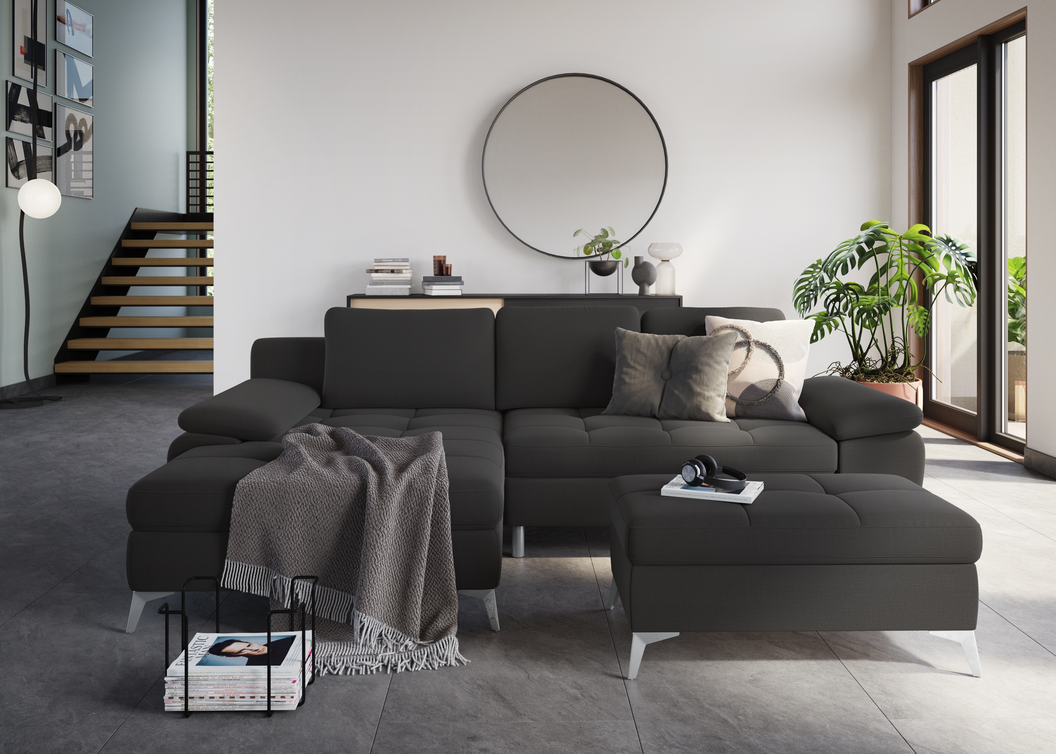 Stauraumhocker SIT & MORE "Latigo", grau (dunkelgrau), B:98cm H:44cm T:68cm, Hocker, Hocker mit Stauraum Polsterhocker, inklusive Stauraum