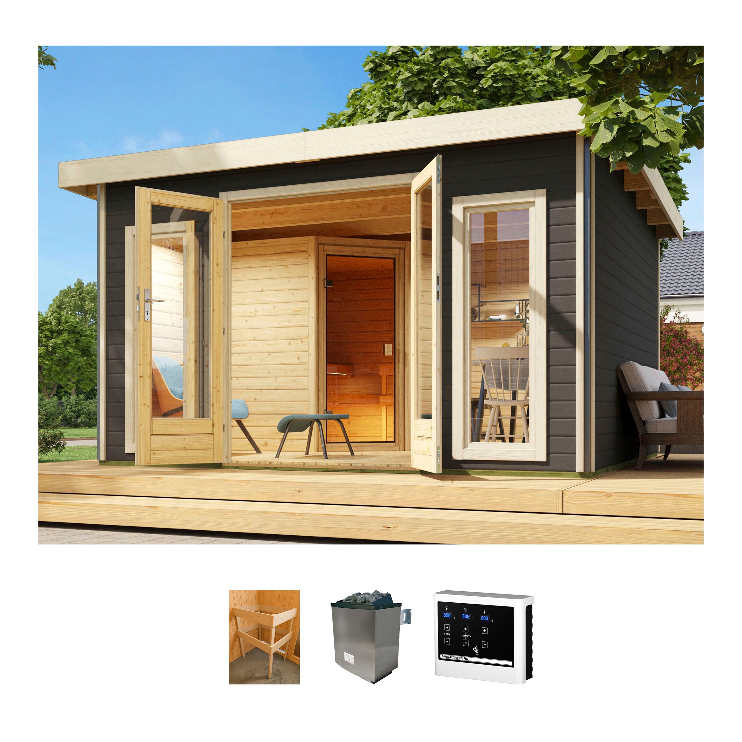 Saunahaus KONIFERA "Maiko 3 SET B", grau (terragrau), Saunaofen, externe Steuerung, 9 kW, Saunen, Ofen 9 KW externe Strg easy