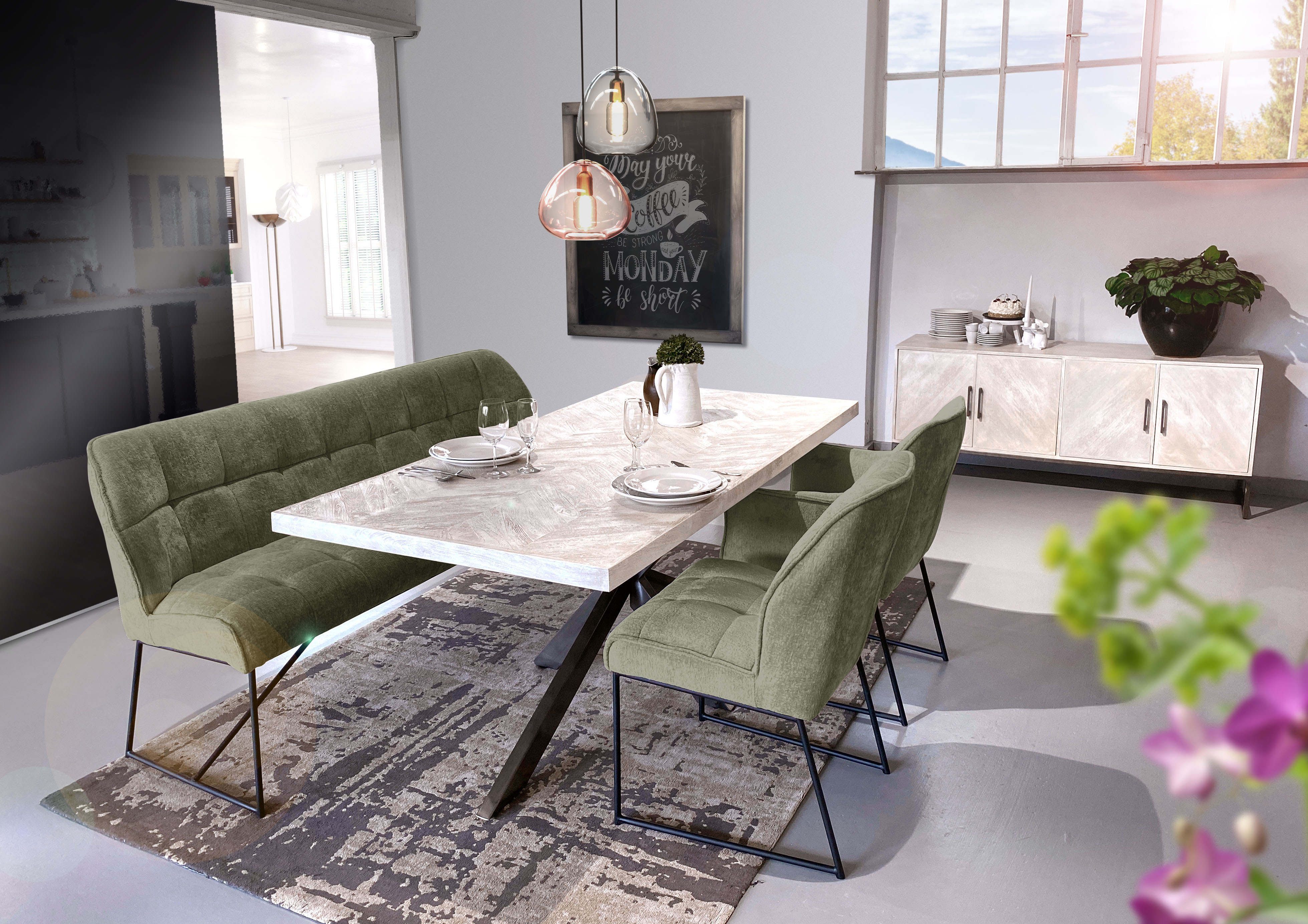 Esszimmerstuhl GUTMANN FACTORY, grün (moosgrün, schwarz, moosgrün), B:60cm H:88cm T:62cm, Stoff, Stühle, Esszimmerstuhl Image