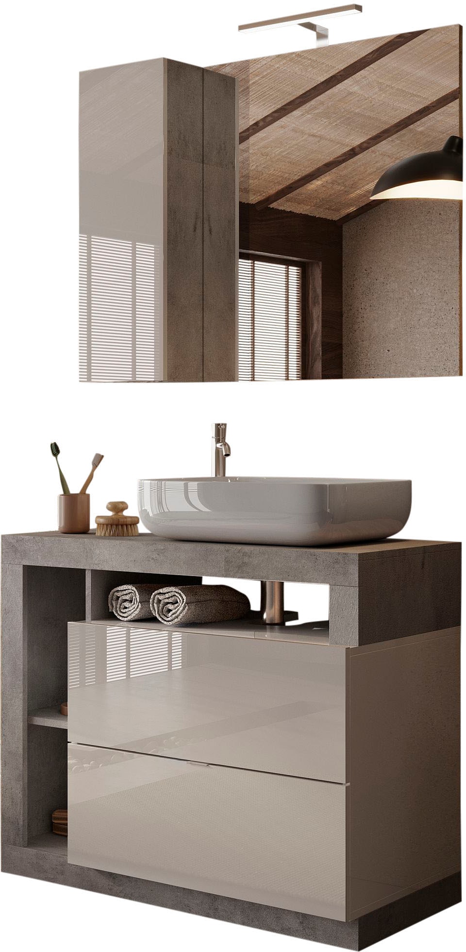 Badmöbel-Set WELLTIME "Hamburg, Badezimmerset 2tlg. Breite 92 cm, Badmöbel, Waschtisch inkl.", weiß (weiß, beton, optik), B:92cm H:190cm T:49cm, Kastenmöbel-Sets, Badmöbel-Set, Waschbecken, Spiegelschrank mit LED Aufbauleuchte, Soft-Close-Funktion Image