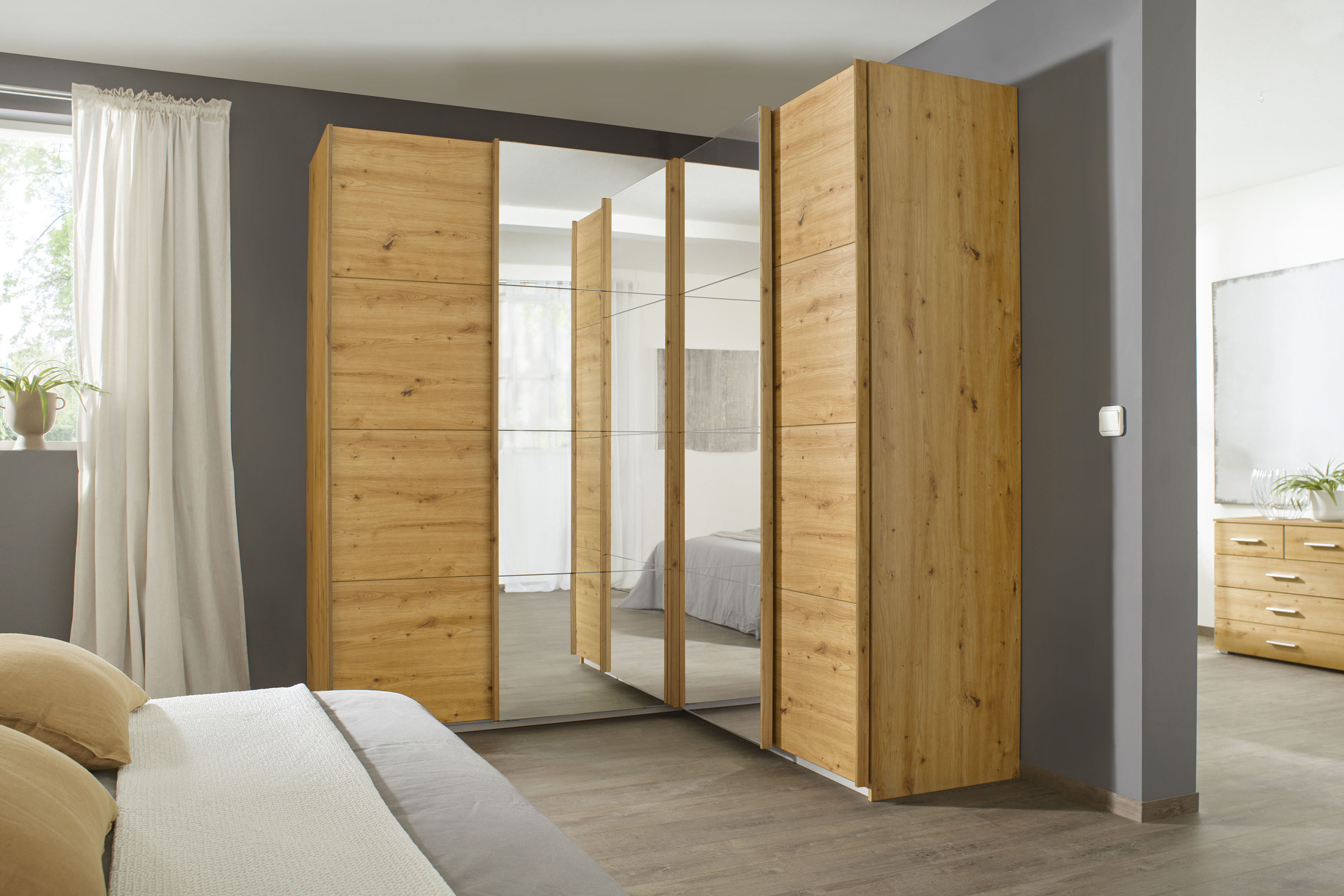 Schwebetürenschrank RAUCH "Quadra", braun (eiche artisan), B:181cm H:229cm T:187cm, Holzwerkstoff, Schränke, Schwebetürenschrank, Eckschrank inkl. Türendämpfer, mit Spiegeltüren