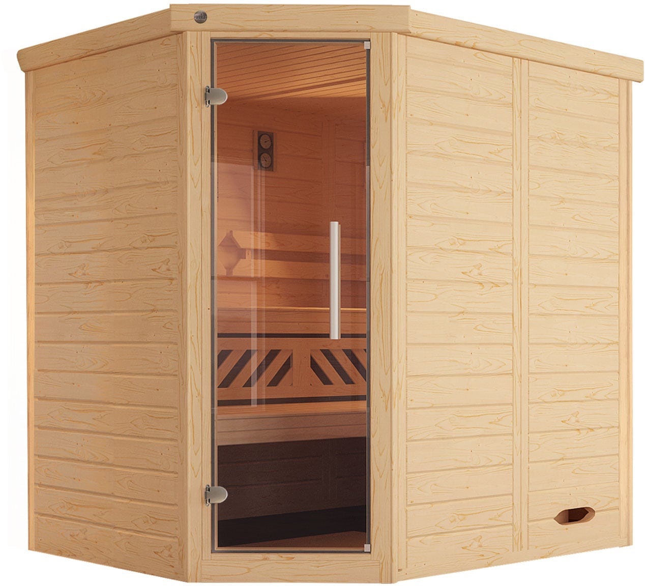 Sauna WEKA "Design-Sauna KEMI", beige (natur), Bio-Ofen, externe Steuerung, 4,5 kW, Saunen, Blockbohlen, vorgefertigte Elemente, moderne Ganzglastür