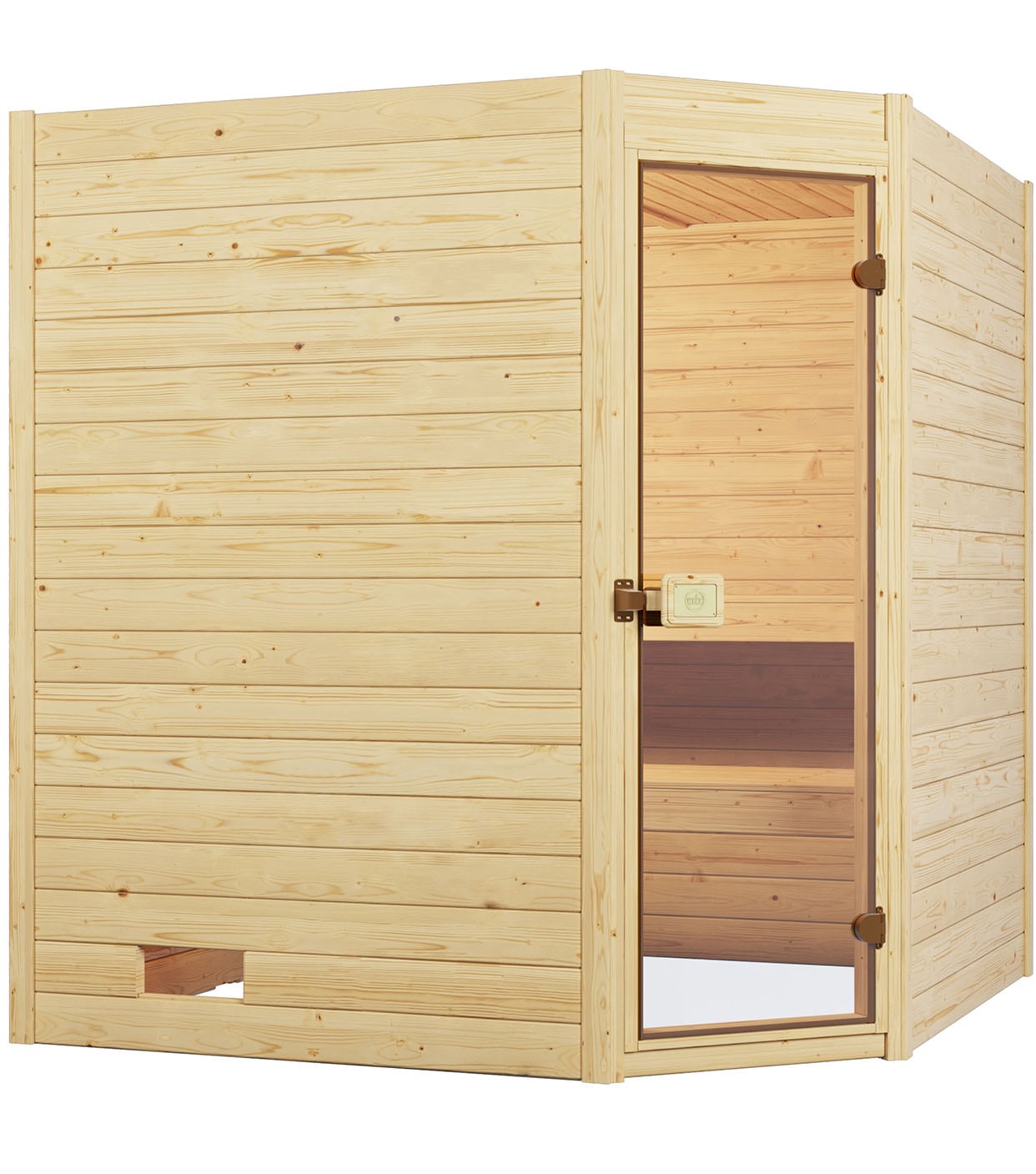 Sauna WEKA "Massivholzsauna VALIDA Eck 1.8", beige (natur), Saunaofen, externe Steuerung, 7,5 kW, Saunen, Blockbohlen, Eckeinstieg, moderne Ganzglastür