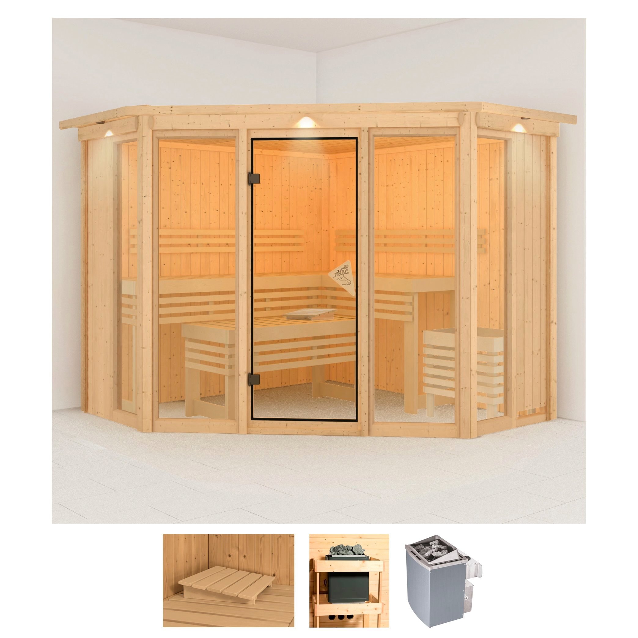 Sauna KARIBU "Astrid 2", beige (naturbelassen), Saunaofen, integrierte Steuerung, 9 kW, Saunen, 9-kW-Ofen mit integrierter Steuerung