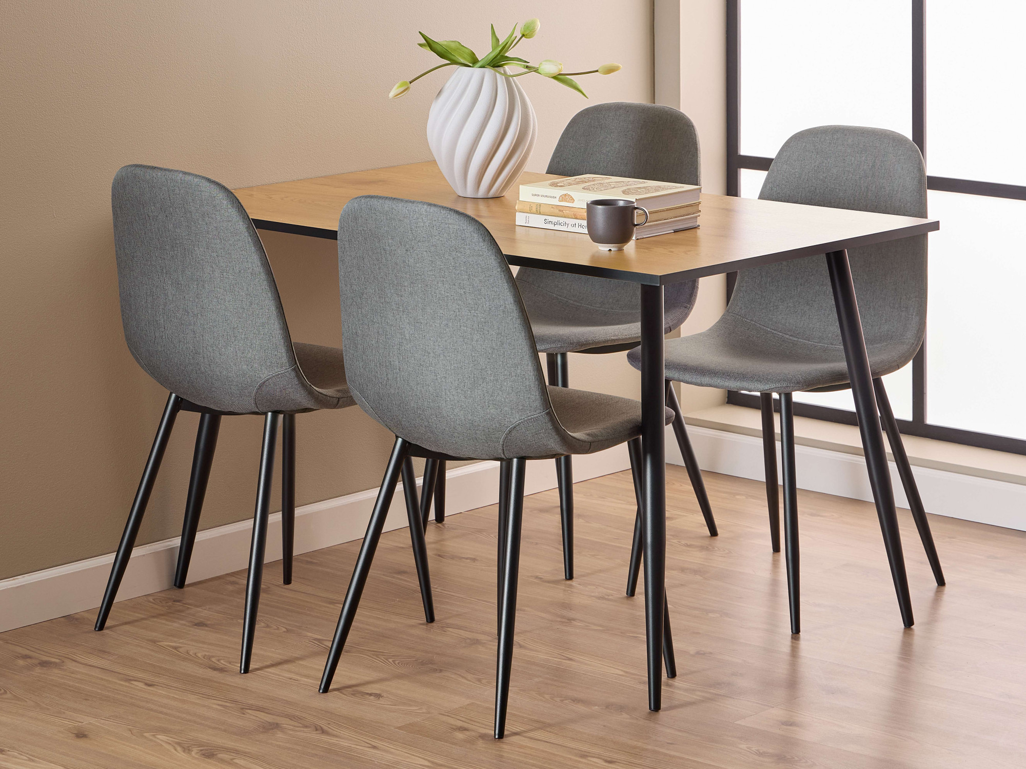 Esszimmer-Set ACTONA GROUP "Essgruppe, Esstisch mit Stühlen, für das Esszimmer", beige (natur), B:120cm H:75cm T:80cm, MDF, Kastenmöbel-Sets, Esszimmer-Set, Rechteckiger tisch aus Wildeiche Melamin & dunkelgraue Stühle