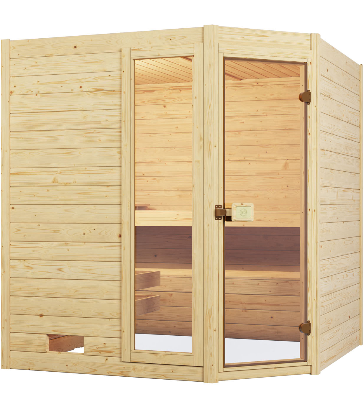 Sauna WEKA "Massivholzsauna VALIDA Eck 1.8", beige (natur), Bio-Ofen, externe Steuerung, 5,4 kW, Saunen, Blockbohlen, Fensterelement, moderne Ganzglastür