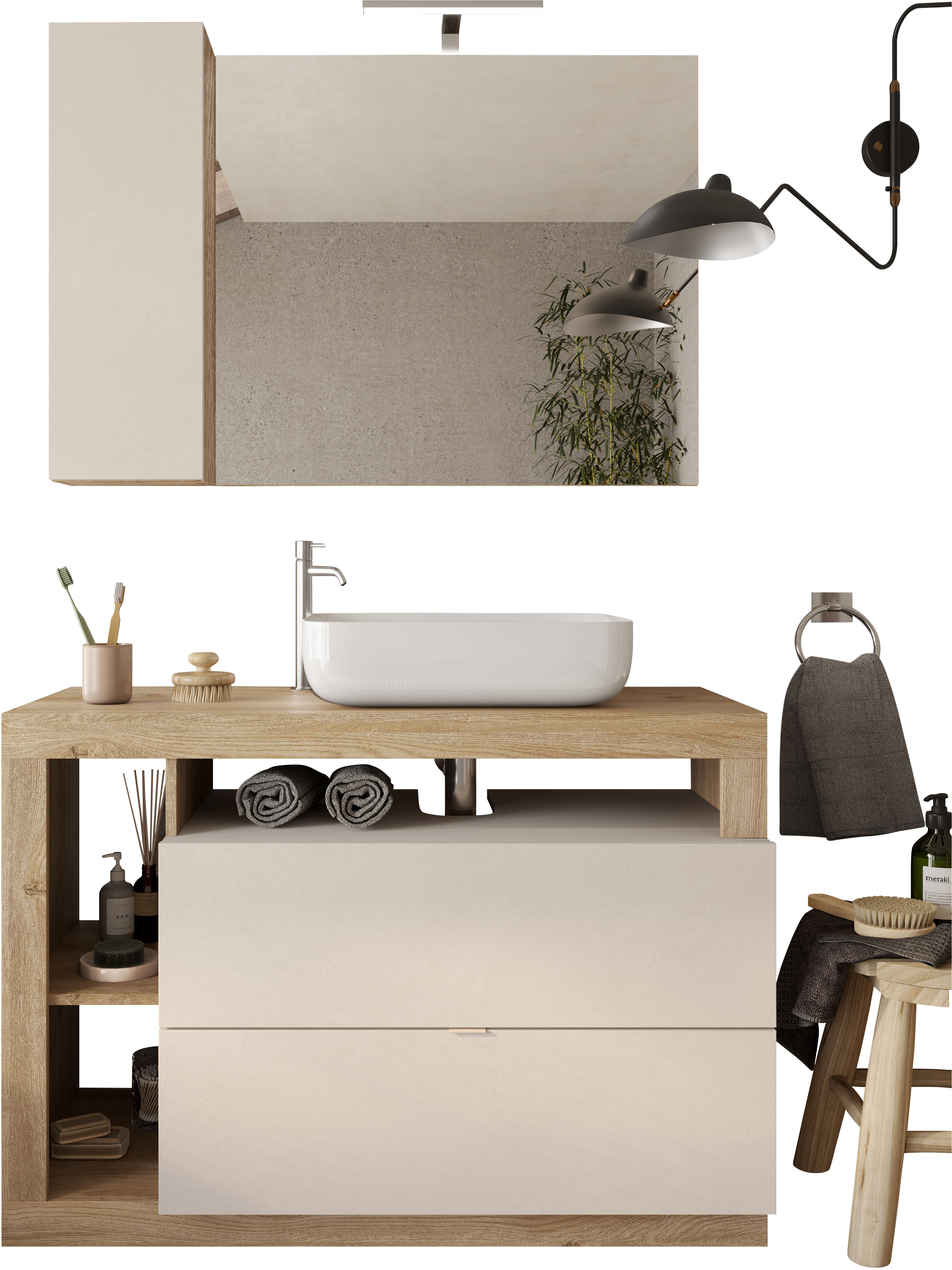 Badmöbel-Set WELLTIME "Hamburg, Badezimmerset 2tlg. Breite 110 cm, Badmöbel, Waschtisch inkl.", weiß (cashmere, eiche cadiz nb), B:110cm H:190cm T:49cm, Holzwerkstoff, Kastenmöbel-Sets, Badmöbel-Set, Waschbecken, Spiegelschrank mit LED...
