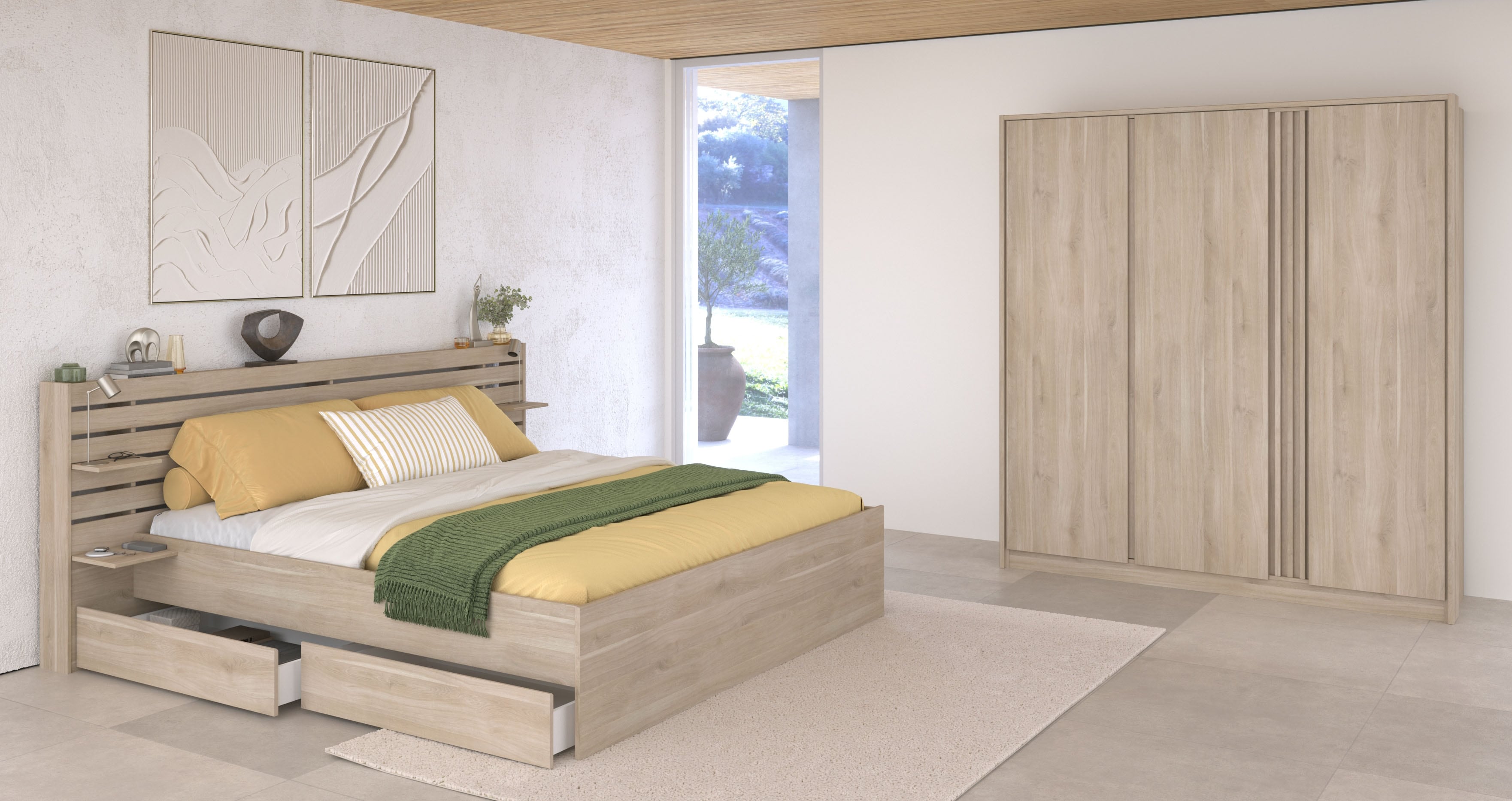 Schlafzimmer-Set PARISOT "Parisot Escale", braun (eiche), Breite 223 + ohne Matratze, B/H: 140cm x 200cm, Breite 223, Schlafzimmermöbel-Sets, Einsatz im Kleiderschrank drehbar - Eiche oder Weiss, viel Stauraum