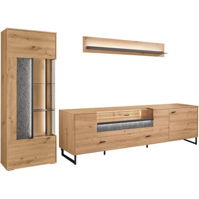 TV-Wand "Deltona", braun (eiche artisan), B:287,4cm H:198cm T:50,2cm, Spanplatte, SET ONE BY MUSTERRING, Kastenmöbel-Sets, Zierelemente aus Sandstein, inkl. Beleuchtung, Gesamtbreite ca. 287 cm Image
