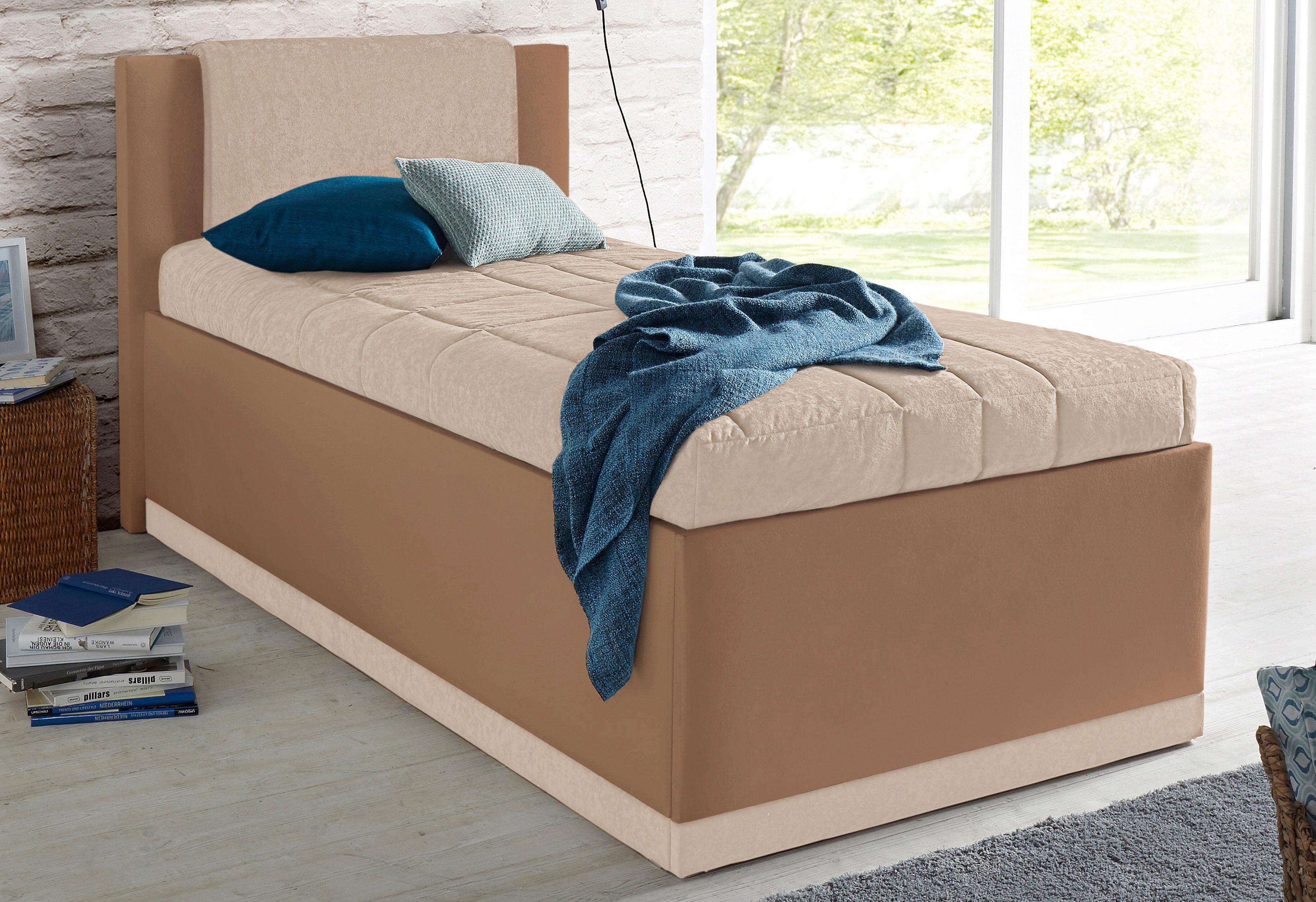 Polsterbett, braun (braun, beige), B:157cm L:212cm, Bezug Bett: Microfaser (100% Polyester);Bonnell-Federkernmatratze: Frottee (100% Polyester);Tonnentaschen-Federkernmatratze: 80% Baumwolle und 20% Polyester, Bezug abnehm- und waschbar bis...