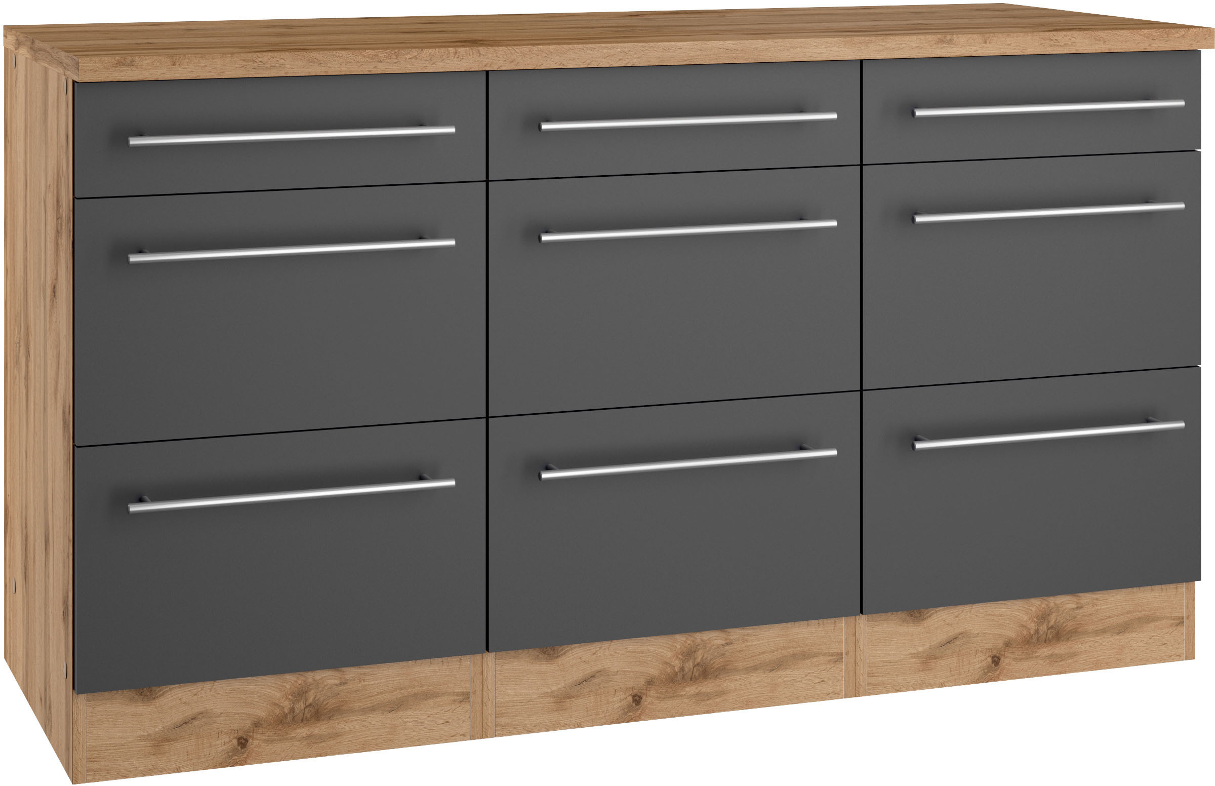 Unterschrank KOCHSTATION "KS-Wien", grau (anthrazit, wotaneiche), B:150cm H:85cm T:60cm, Schränke, edel aussehende gestiftete Fronten Image