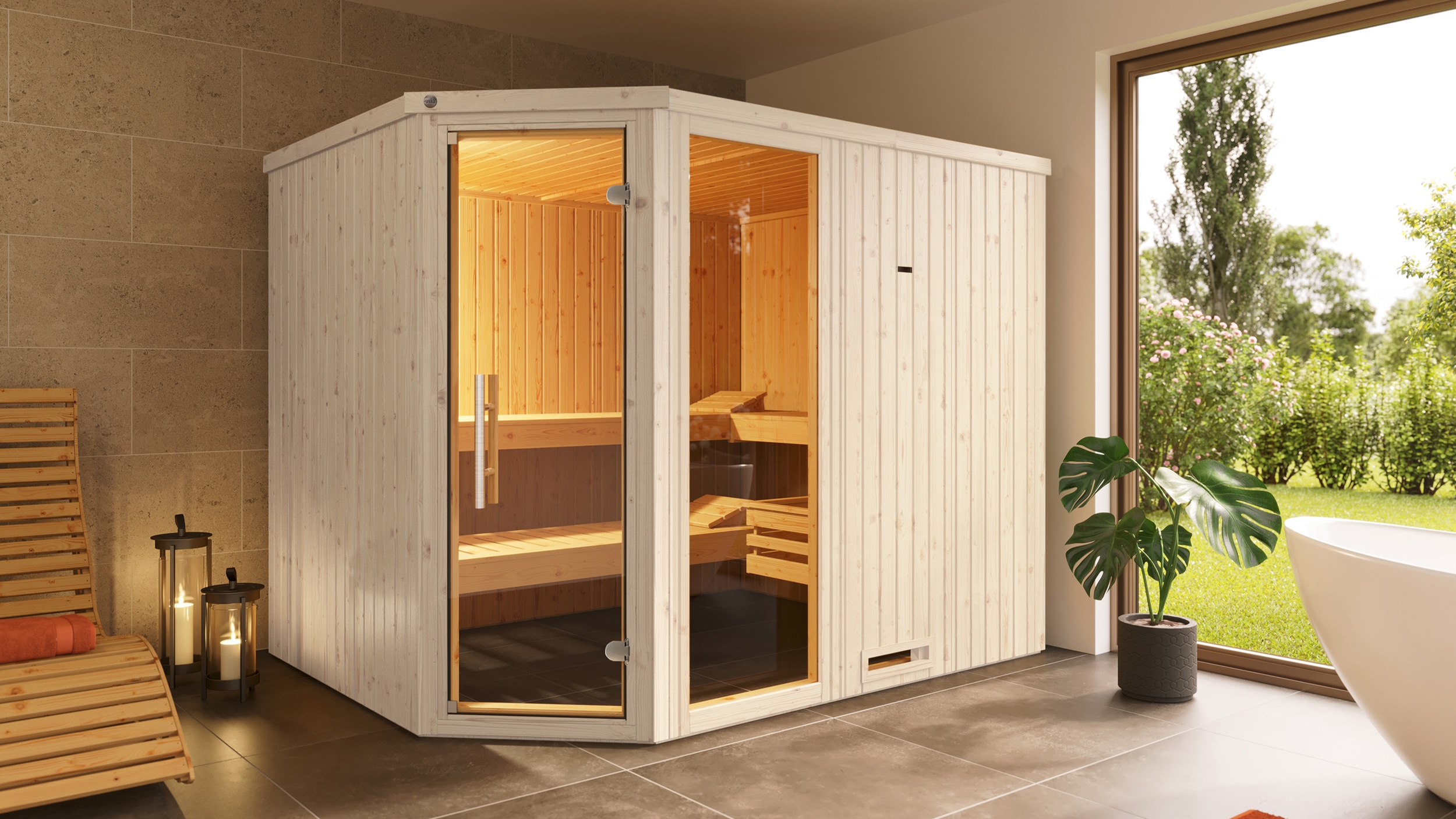 Sauna WEKA "Element-Ecksauna VARBERG 4", weiß, ohne Ofen, ohne Steuerung, (ohne Ofen), Saunen, vorgefertigte Elemente, Fensterelement, moderne Ganzglastür Image