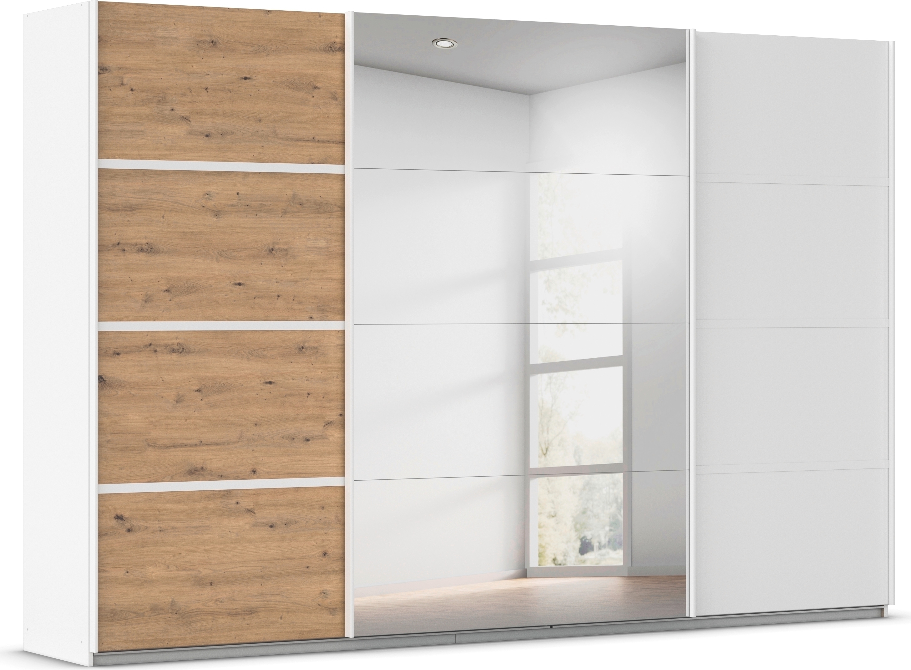 Kleiderschrank RAUCH "Schwebetürenschrank OTTO´s Choice Garderobe Schrank TOP ANGEBOT Avola", alpinweiß, eiche artisan, leisten weiß, B:315cm H:229cm T:62cm, Holzwerkstoff, Schränke, mit eleganten Zierleisten in Chrom, Schwarz oder Weiß MADE IN GERMANY Image