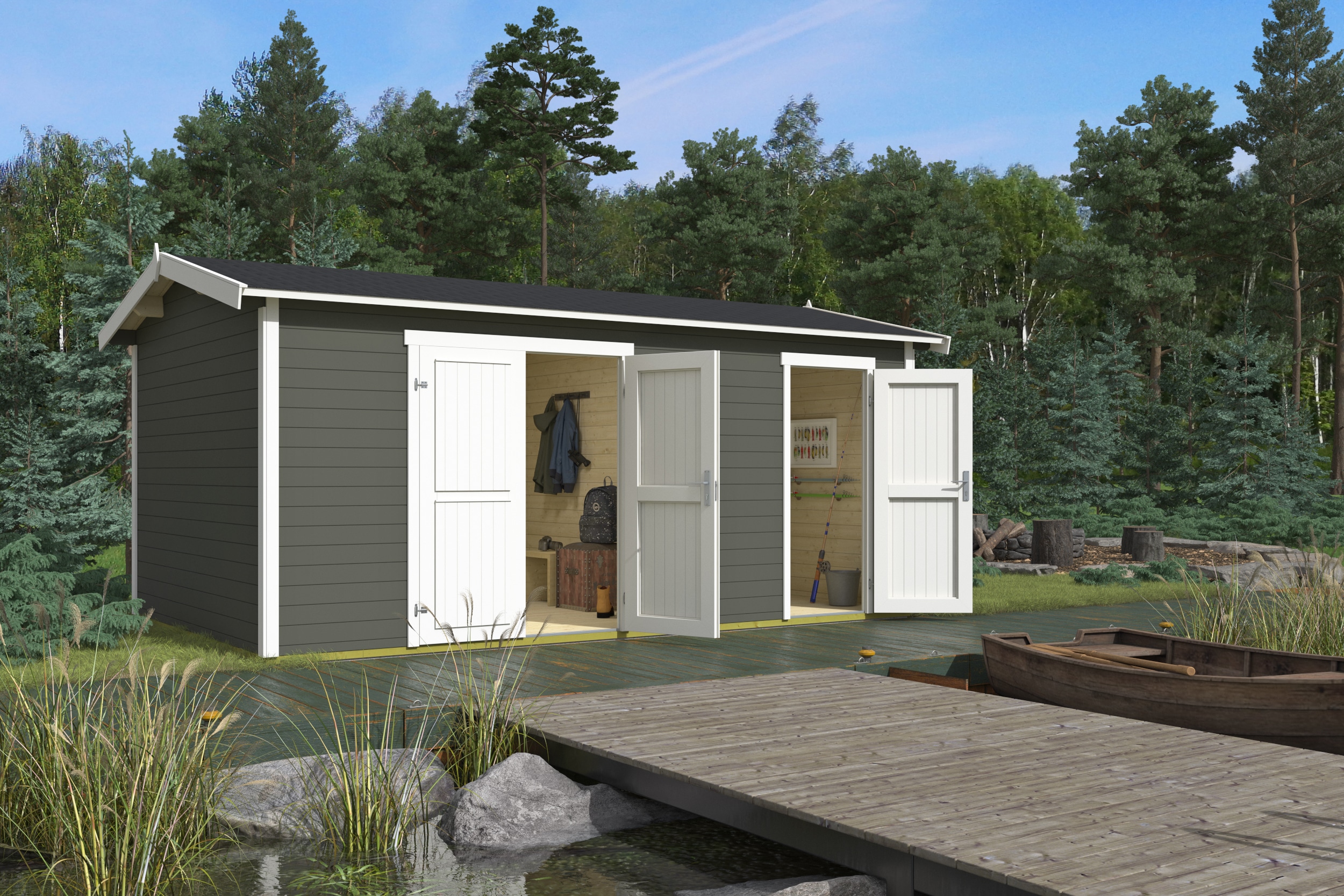 Gartenhaus NORDIC HOLZ "2-Raum Haus Tuvalu XL", grün (grüngrau), Fußboden im Gartenhaus, Massivholzdach, Holz, Gartenhäuser, Gartenhaus