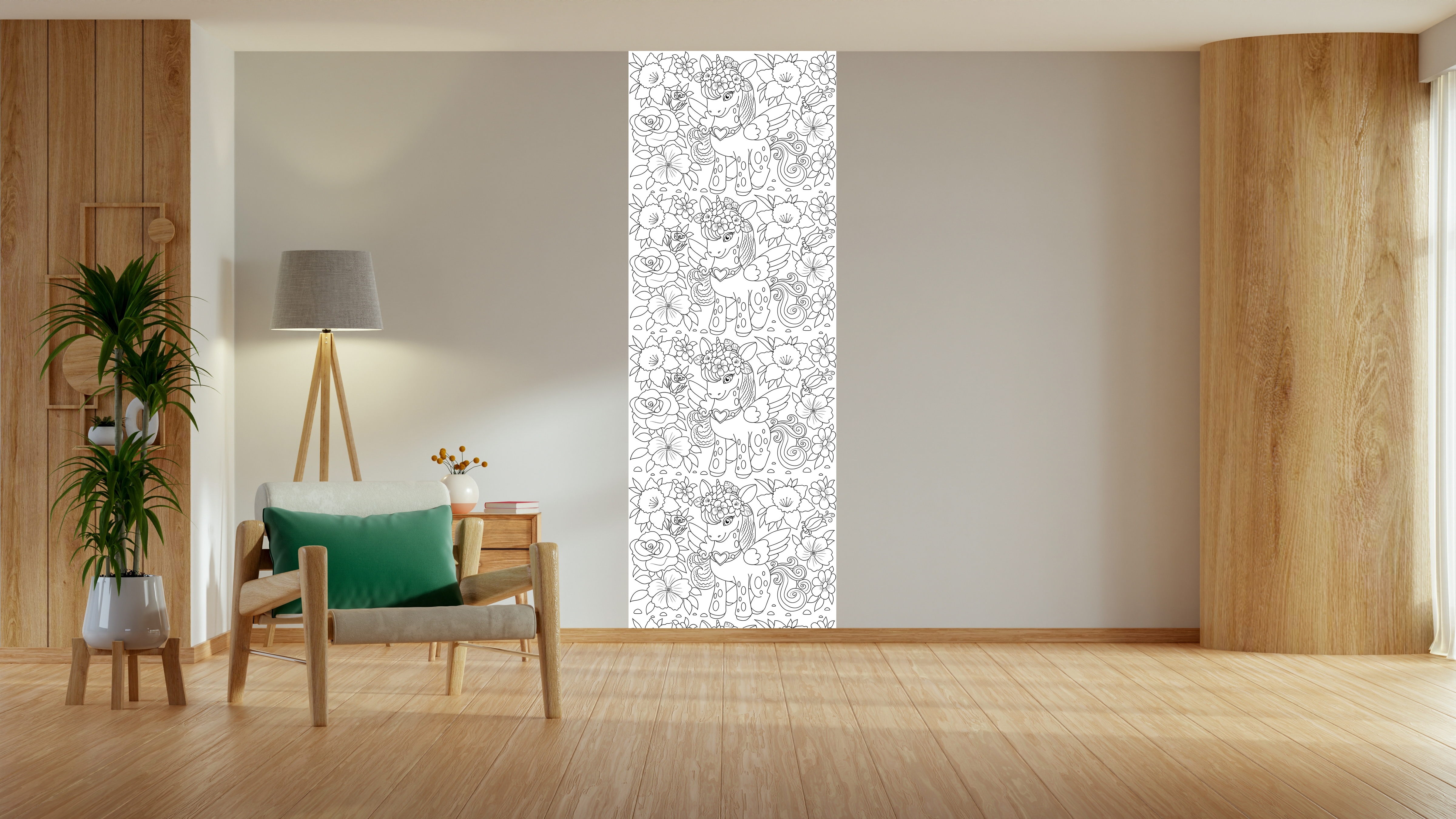 Wandsticker QUEENCE "Einhorn in Blumenwiese", weiß, B:90cm H:250cm, Vinyl, Wandtattoos, DIY-Wandsticker zum Bemalen