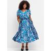 Blusenkleid SHEEGO BY JOE BROWNS "Kleid", Damen, Gr. 46, Normalgrößen, blau (blau gemustert), 56% Viskose, 43% Polyester, 1% Elasthan, geblümt, gemustert, mehrfarbig, bedruckt, wadenlang, V-Ausschnitt, Kurzarm, Kleider