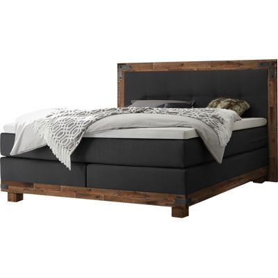 Boxspringbett HASENA "Chicago", braun (anthrazit, akazie braun), B:158cm L:206cm, Komplettbetten, Boxspringbett, im Vintagelook mit Punktsteppung im Kopfteil, Massivholz-Umrandung Image