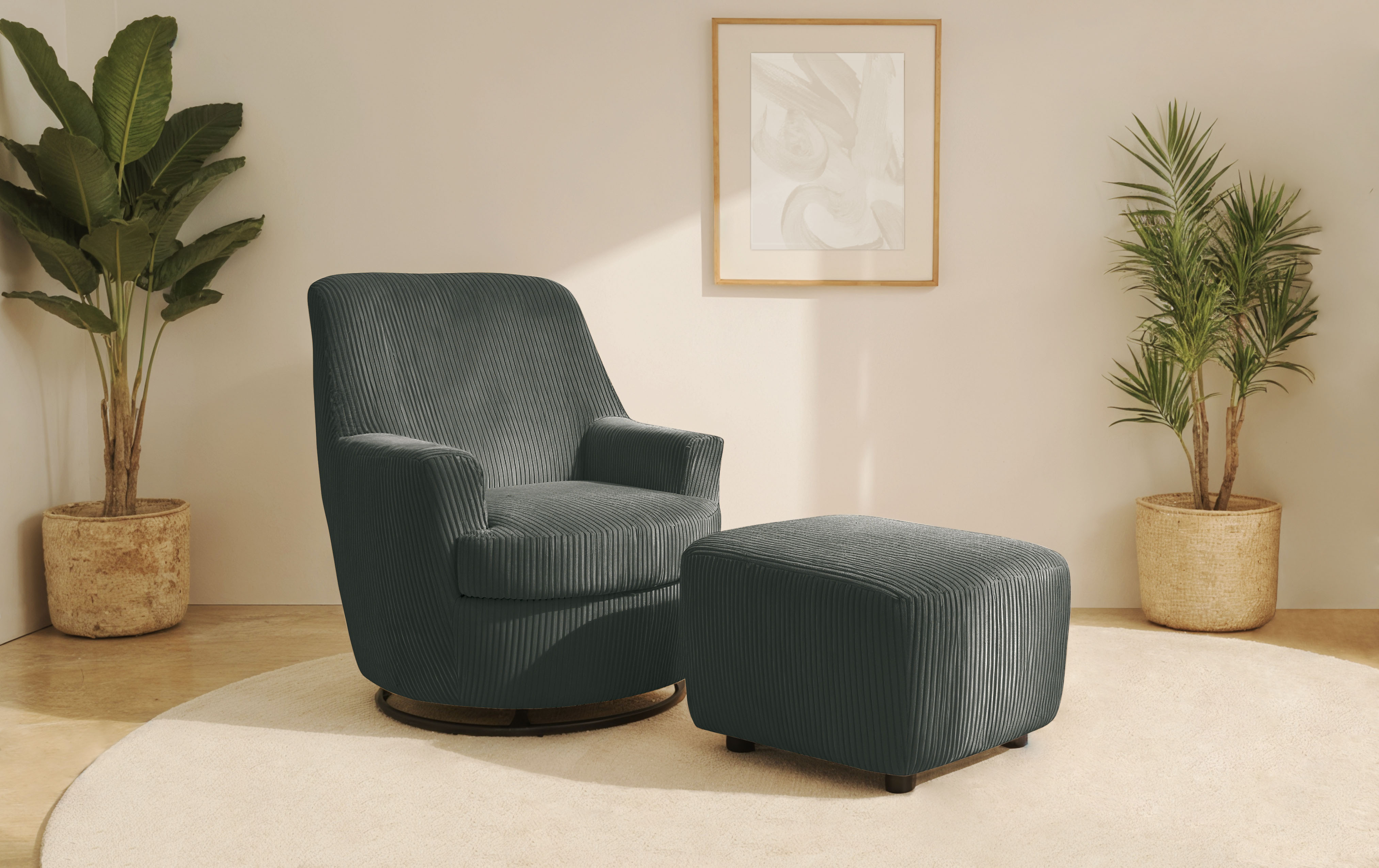 Drehsessel INOSIGN "HETTY, Drehsessel mit Wippfunktion und Hocker; Lesesessel, Armsessel", grau, B:78cm H:93cm T:88cm, 100% Polyester, Sessel, mit Dreh/Wippfunktion, mit Federkern, in Cord und Microfaser