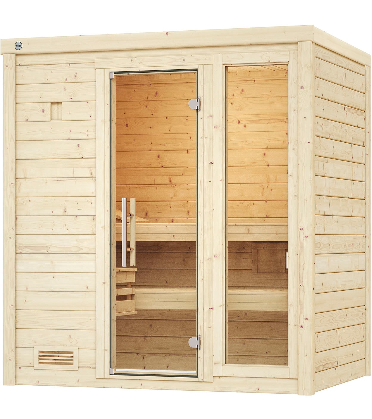 Sauna WEKA "Massivholzsauna BERGEN 1", beige (natur), Saunaofen, integrierte Steuerung, 5,4 kW, Saunen, Blockbohlen, Fensterelement, moderne Ganzglastür
