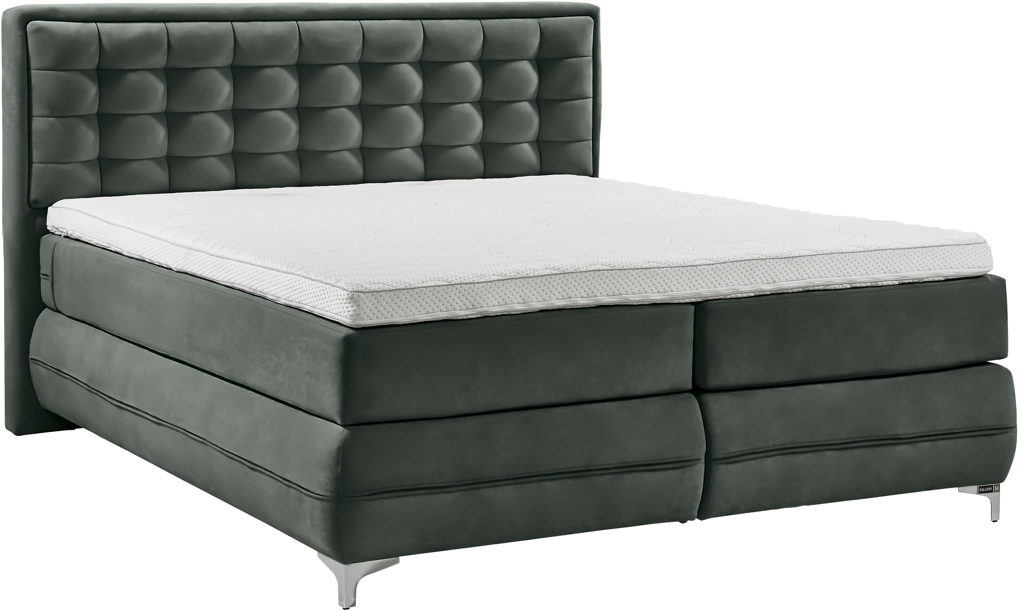 Boxspringbett MUSTERRING "Dubai", schwarz (d 520 anthrazit), B:217cm L:214cm, Komplettbetten, Boxspringbett, Winkelfuß in Chrom, 3 Härtegrade, Kopfteil in Kassettensteppung Image