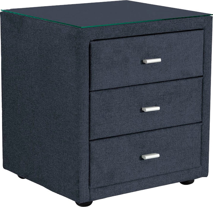 Nachttisch ALINA "Elsa", blau (blau gcp 106), B:50cm H:55cm T:45cm, Chenille GCP (100% Polyester), Tische, Nachttisch Kommode, mit Glasplatte