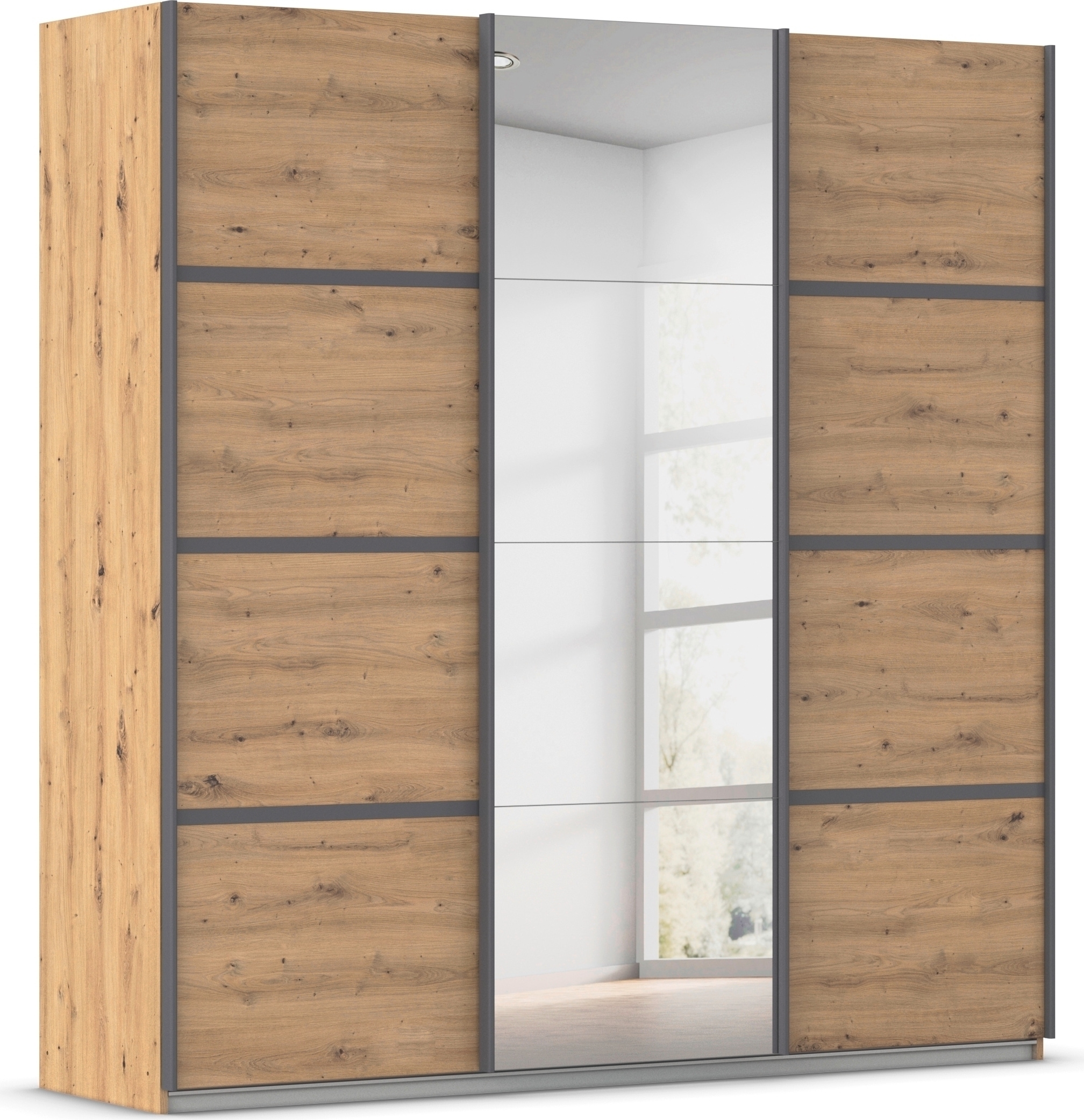 Kleiderschrank RAUCH "Schwebetürenschrank OTTO´s Choice Garderobe Schrank TOP ANGEBOT Avola", beige (eiche artisan, leisten graumetallic), B:203cm H:229cm T:62cm, Holzwerkstoff, Schränke, Kleiderschrank, Eiche Artisan, Leisten GRAUMETALLIC