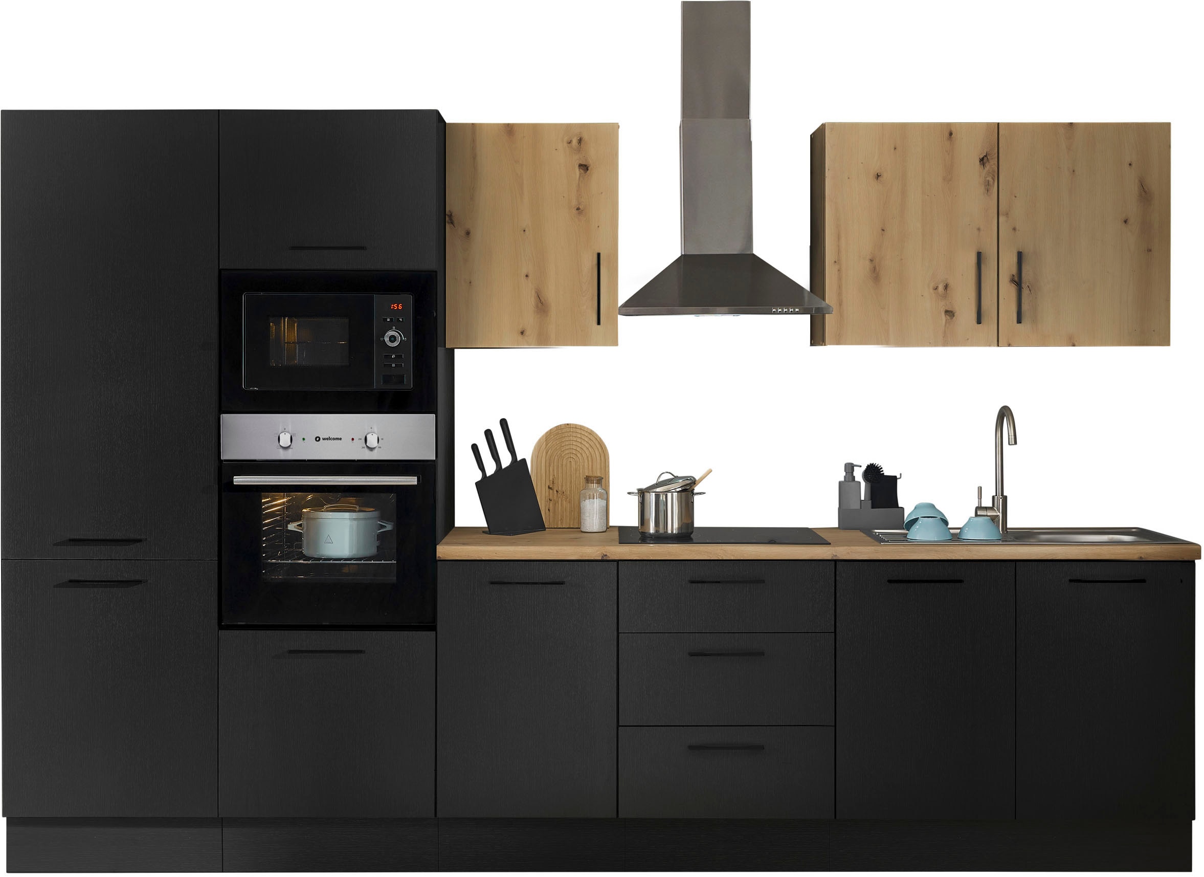 Küchenzeile BASIC BY BALCULINA "Turin", schwarz (küche: schwarz, korpus: schwarz matt woodprint, arbeitsplatte: artisan eichefarben), B:330cm H:211cm T:60cm, Komplettküchen-Sets, Küchenzeile, Breite 330 cm, wahlweise mit E-Geräten