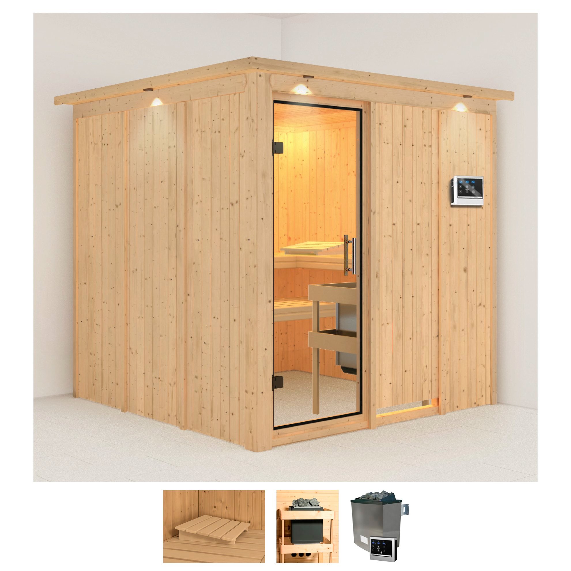 Sauna KARIBU "Rodin", beige (naturbelassen), Saunaofen, externe Steuerung, 9 kW, Saunen, 9-kW-Ofen mit externer Steuerung Image