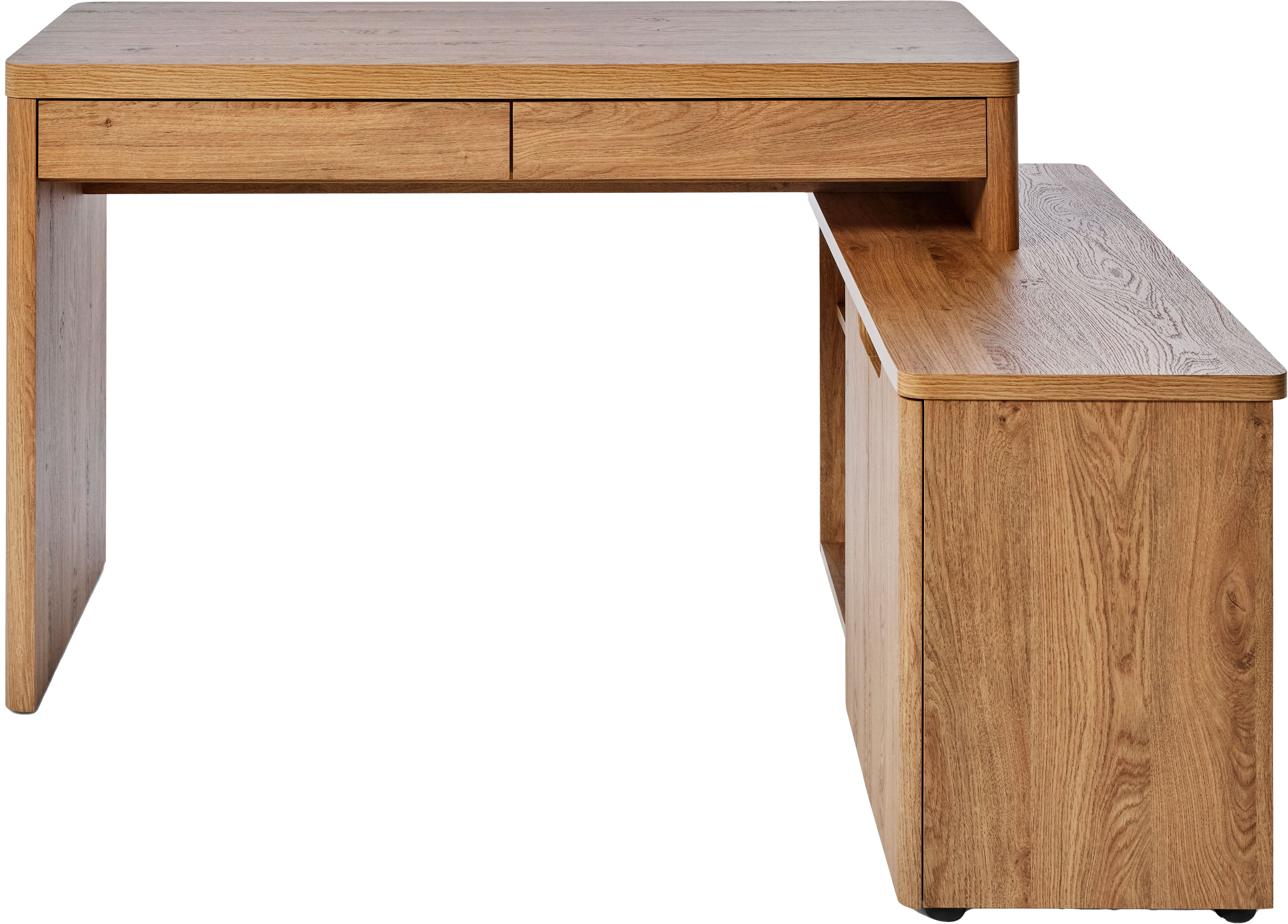 Eckschreibtisch JAHNKE "LIBRE C 155 E", braun (montana eiche, montana eiche, montana eiche), B:140cm H:76cm T:117,7cm, Tische, Eckschreibtisch, wechselseitig montierbar, Breite ca. 140 cm