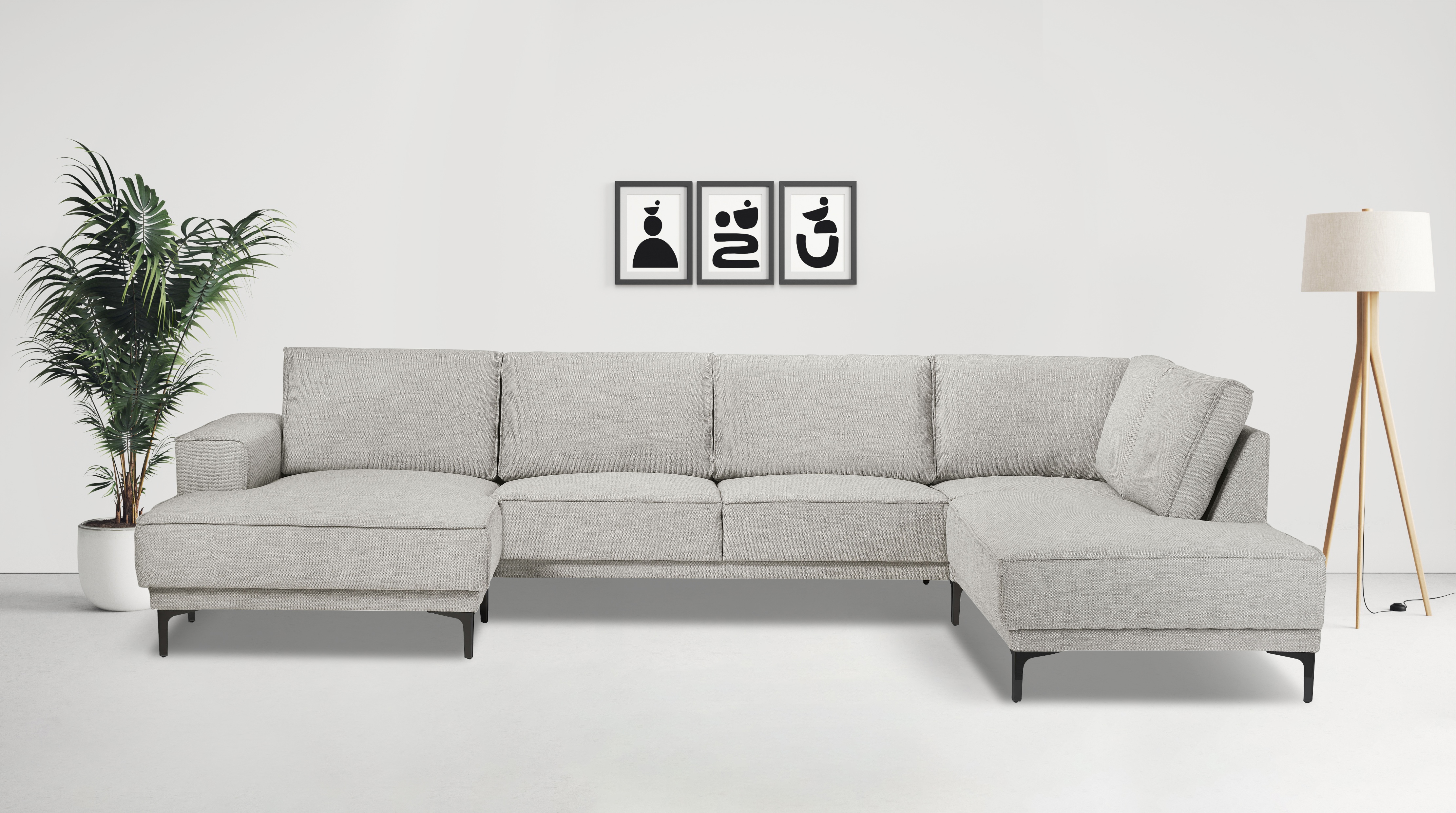 Wohnlandschaft OTTO HOME "XXL Sofa Oland, Struktur, Flachgewebe, Luxus-Microfaser, Boucle", braun (latte), B:345cm H:85cm T:210cm, 100% Polyester, Sofas, Wohnlandschaft, U-Form, 345 cm, Wellenunterfederung, Skandi-Design, Metallfüße