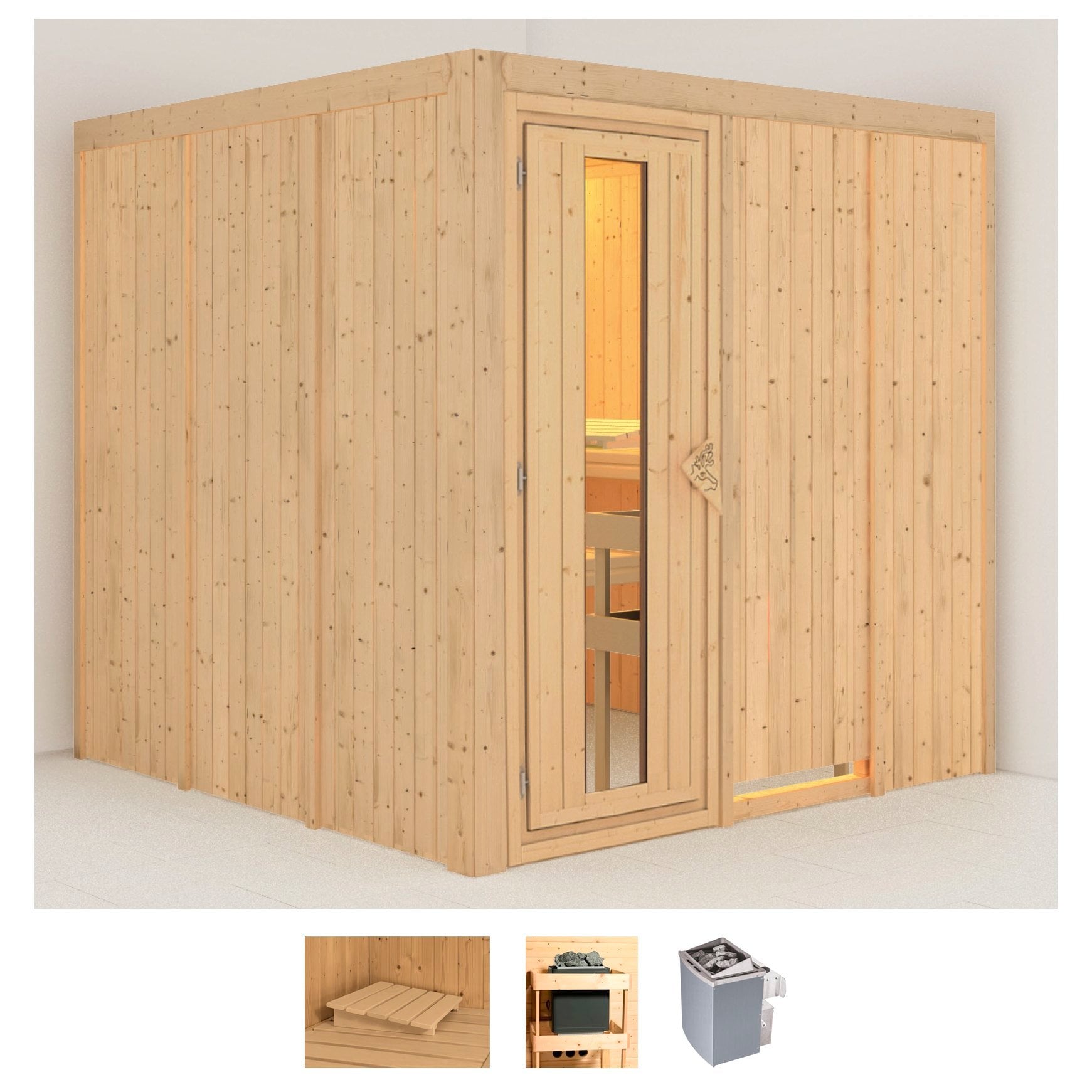Sauna KARIBU "Rodin", beige (naturbelassen), Saunaofen, integrierte Steuerung, 9 kW, Saunen, 9-kW-Ofen mit integrierter Steuerung Image
