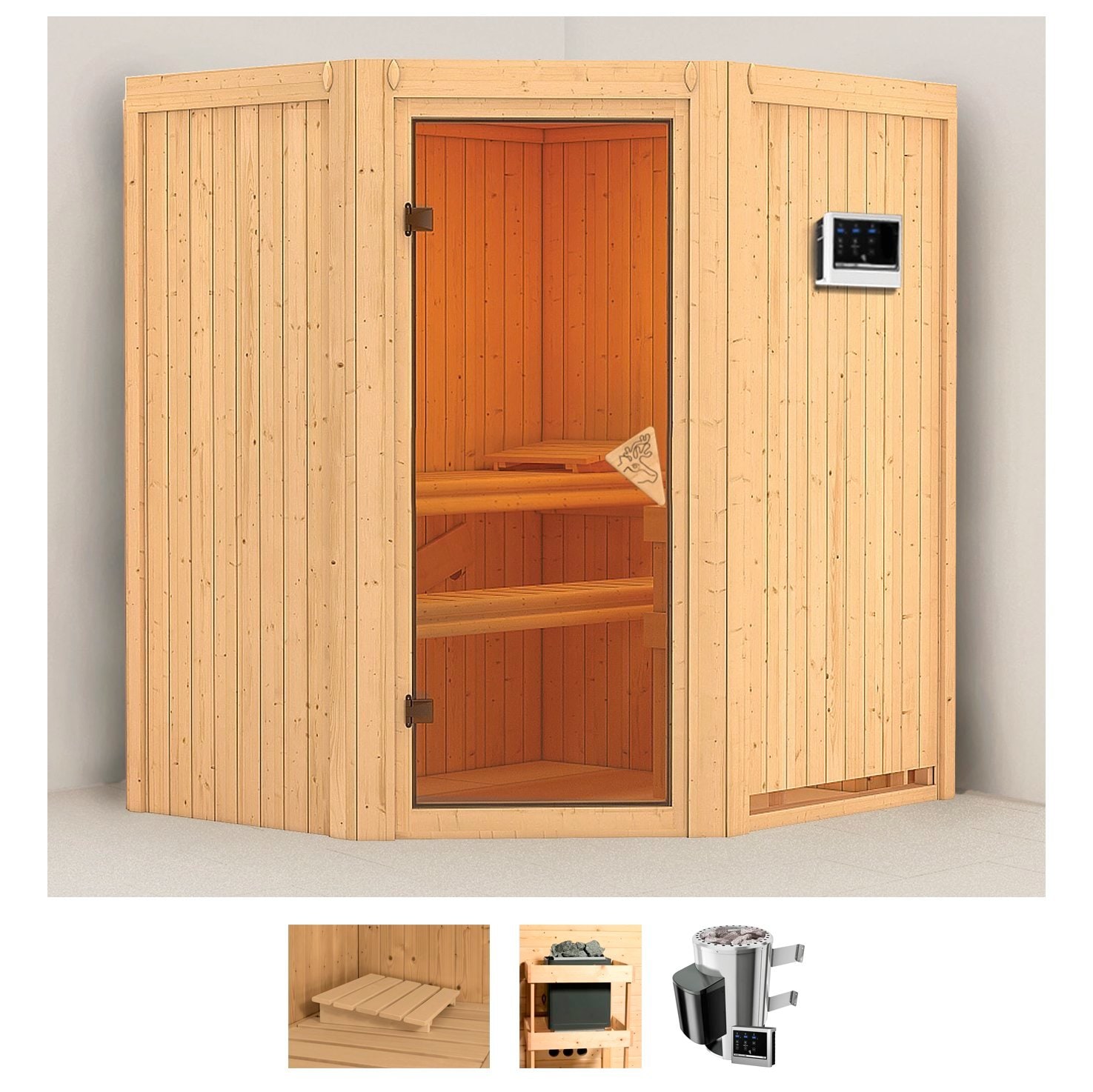 Sauna KARIBU "Tomke", beige (naturbelassen), Saunaofen, externe Steuerung, 3,6 kW, Saunen, 3,6-kW-Plug & Play Ofen mit externer Steuerung Image