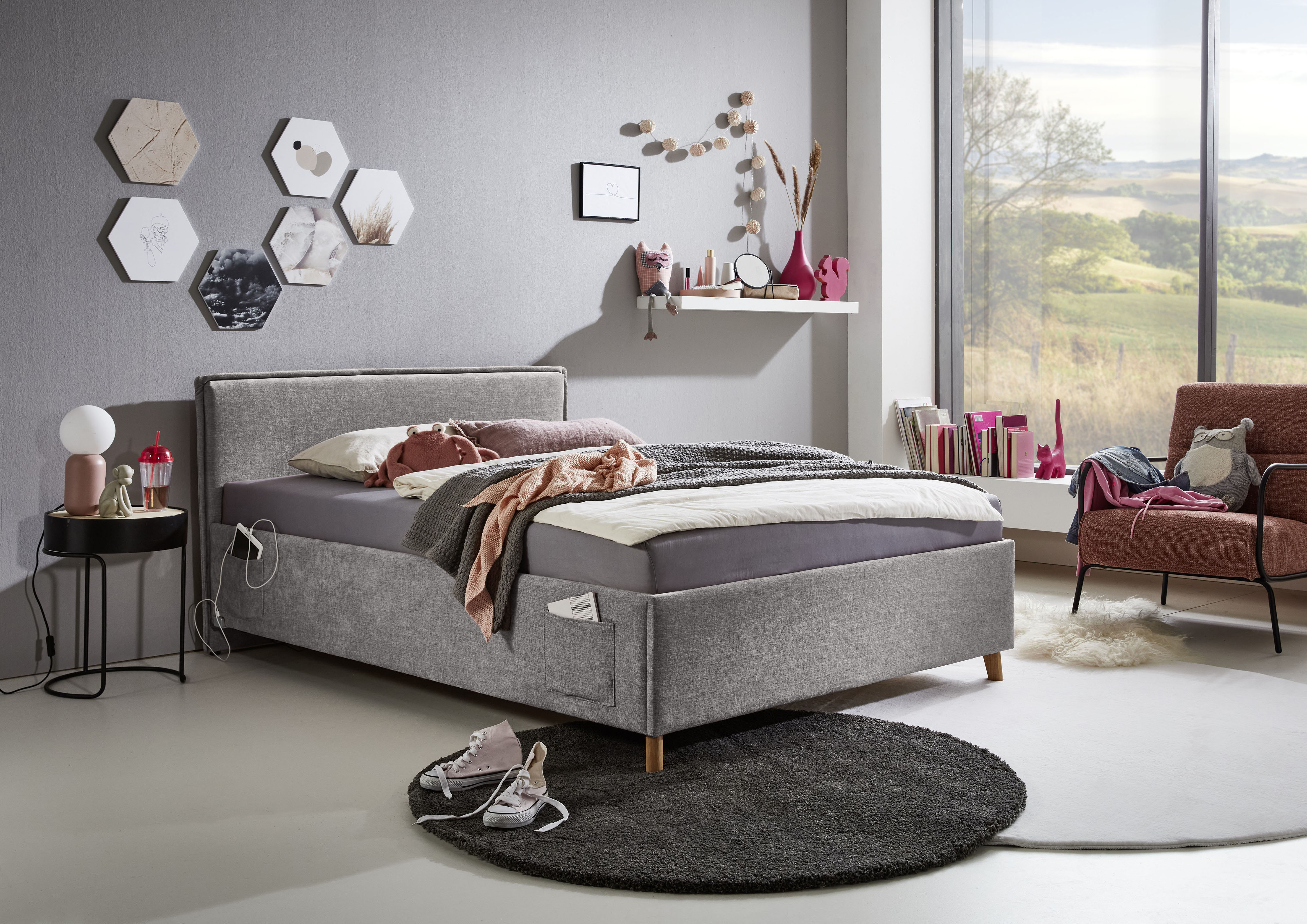 Kinderbett MEISE.MÖBEL "FUN", grau (grau, grau), B:103cm L:215cm, Betten, Kinderbett, Polsterbett wahlweise mit Bettkasten, Jugendbett inkl. USB-Anschluss