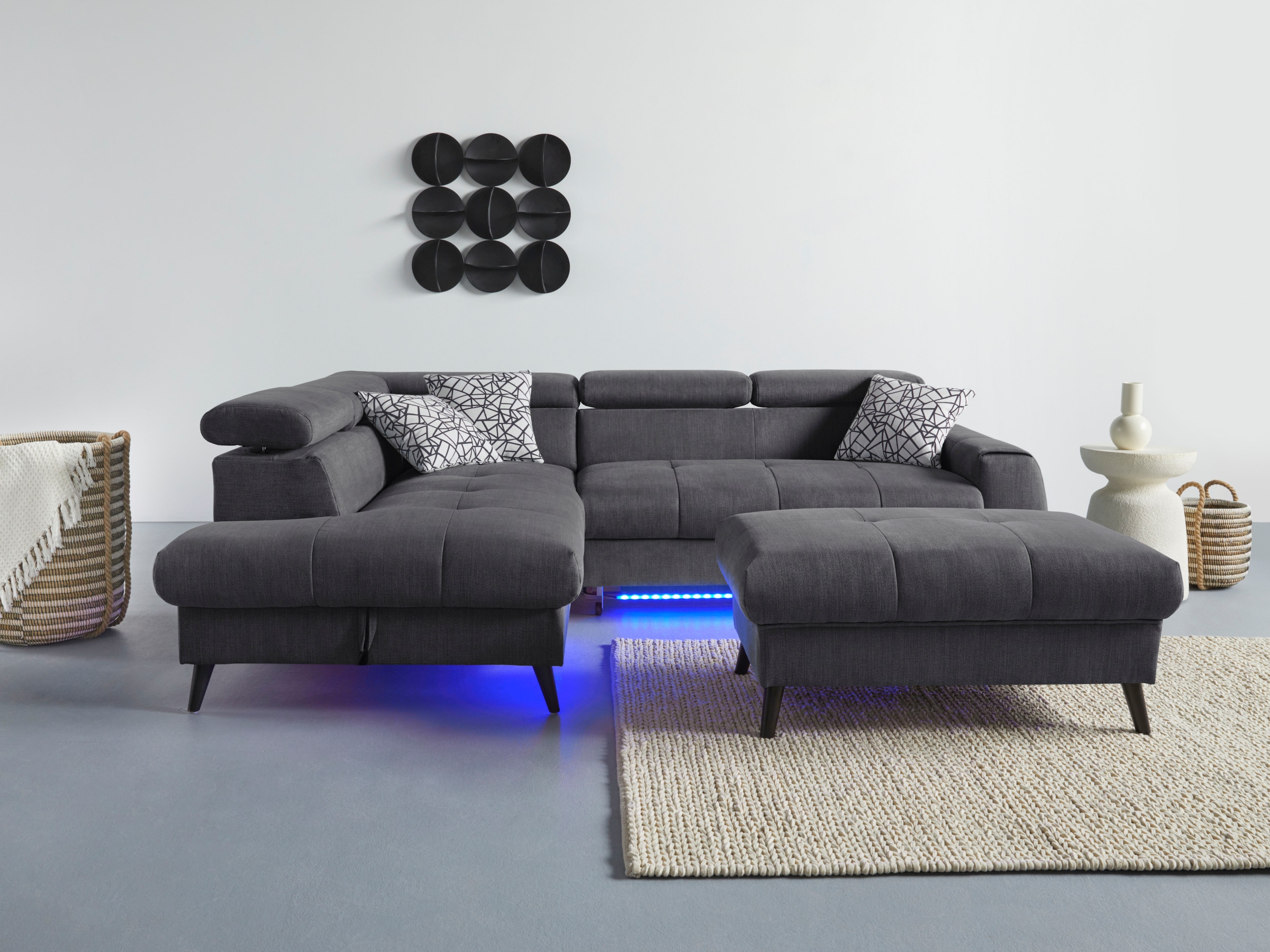 Ecksofa COTTA "Mia L-Form mit 3 Zierkissen", grau (dunkelgrau), B:244cm H:74cm T:193cm, 100% Polyester, Sofas, wahlweise mit Bettfunktion, Bettkasten, Beleuchtung & Wireless-Charger Image