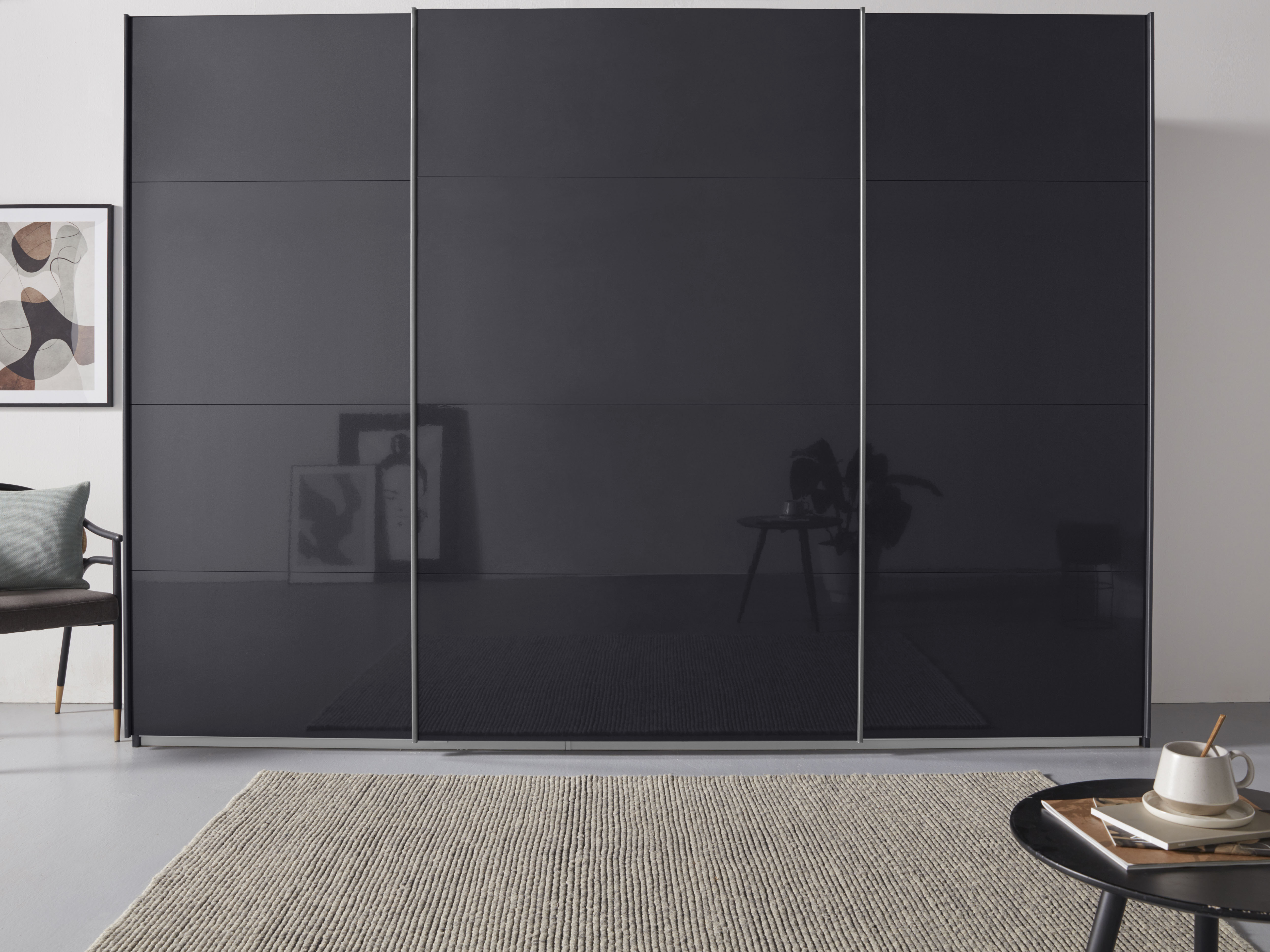 Schwebetürenschrank RAUCH "Kleiderschrank Schrank Garderobe TOPSELLER OTELI inkl. Inneneinteilung", grau (graumetallic, hochglanz effektgrau), B:315cm H:229cm T:62cm, Holzwerkstoff, Schränke, Schwebetürenschrank, mit 3 Innenschubladen sowie... Image