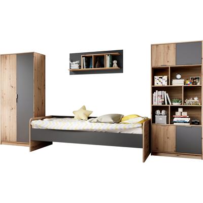 Jugendzimmer-Set BEGABINO "Karla Kleiderschrank, Bett, Hängeregal, Standregal", grau (artisan eiche, graphit), ohne Matratze, B/H: 90cm x 200cm, Holzwerkstoff, Schlafzimmermöbel-Sets, wahlw. mit Schreibtisch, statt Bett bestellbar, Artikelnr. 37354348
