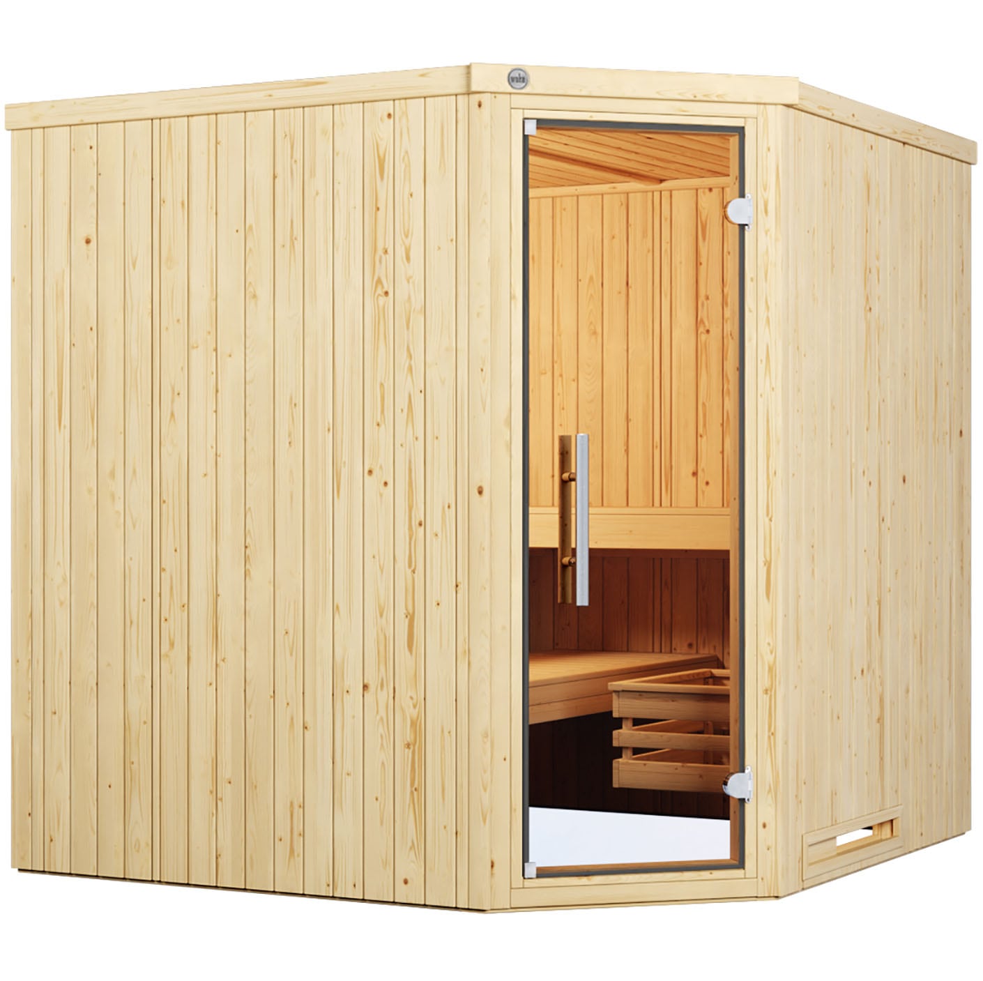 Sauna WEKA "Element-Ecksauna VARBERG 3", beige (natur), Bio-Ofen, externe Steuerung, 7,5 kW, Saunen, vorgefertigte Elemente, moderne Ganzglastür