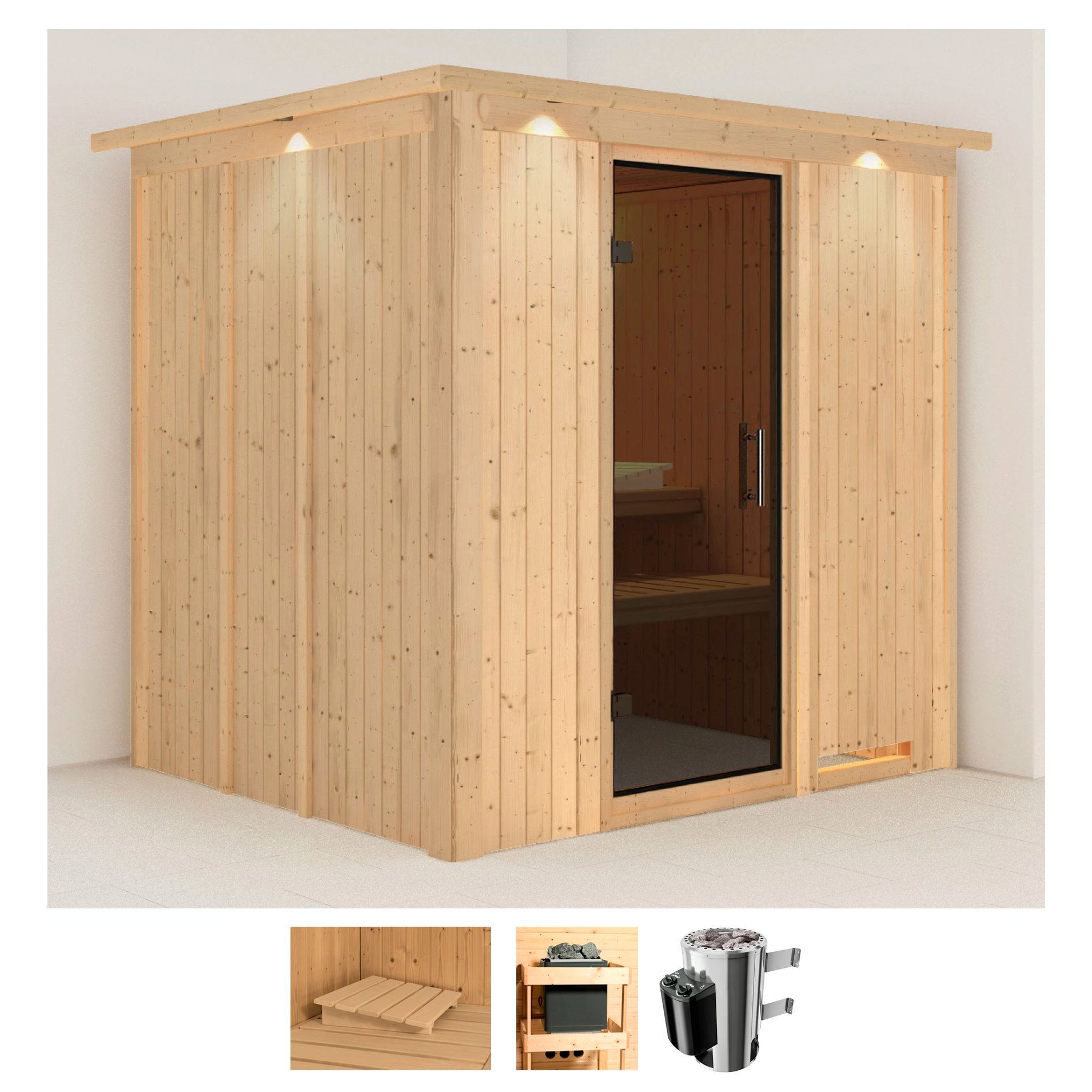Sauna KARIBU "Dima", beige (naturbelassen), Saunaofen, integrierte Steuerung, 3,6 kW, Saunen, Ofen 3,6 kW intgr. Strg